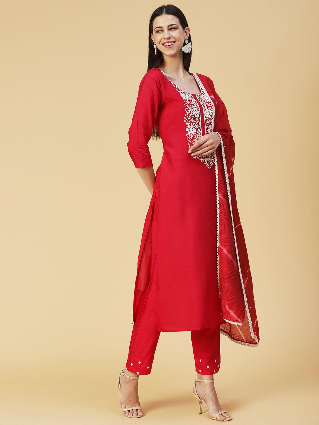 Solid Resham Embroidered Kurta With Pants & Beaded Dupatta - Red - Indiakreations