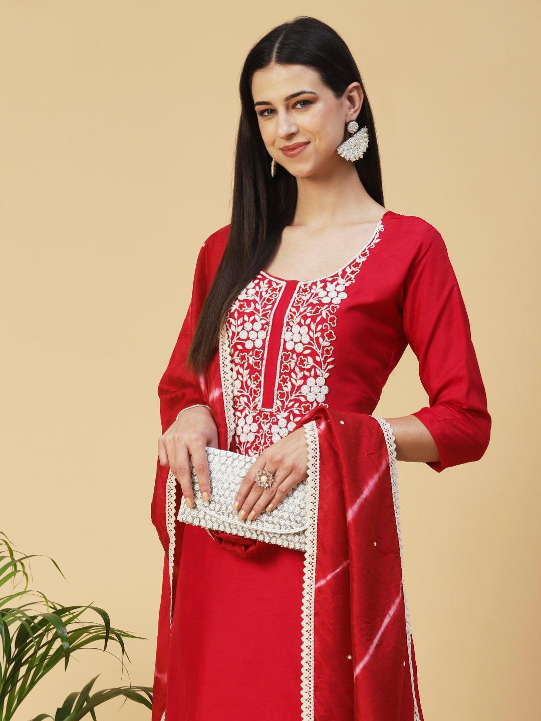 Solid Resham Embroidered Kurta With Pants & Beaded Dupatta - Red - Indiakreations