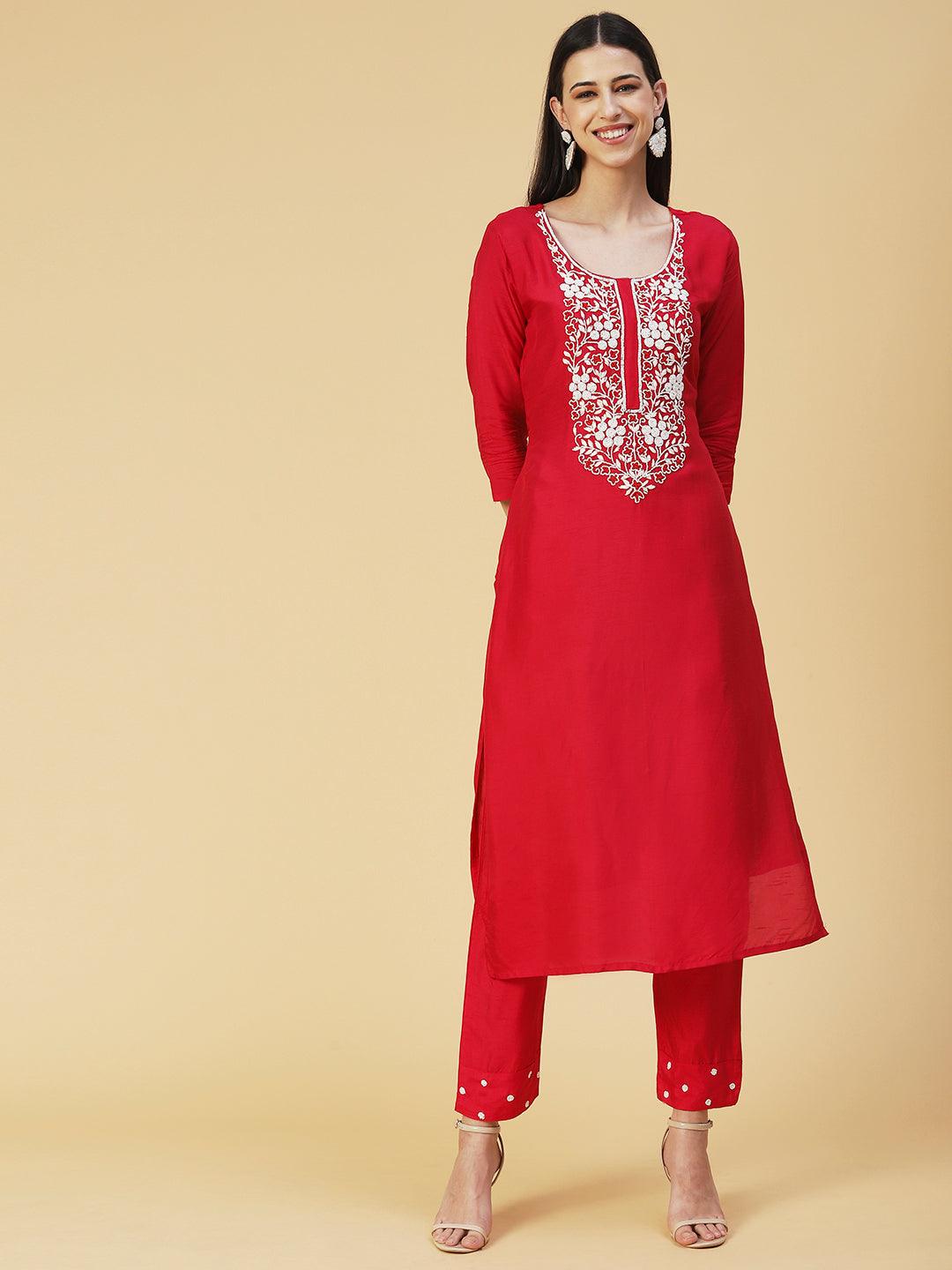 Solid Resham Embroidered Kurta With Pants & Beaded Dupatta - Red - Indiakreations