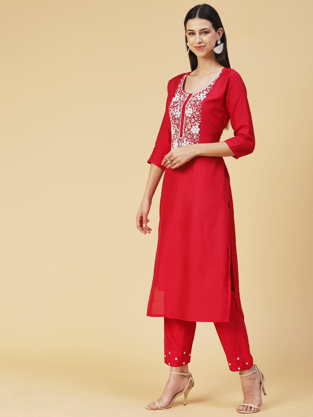 Solid Resham Embroidered Kurta With Pants & Beaded Dupatta - Red - Indiakreations