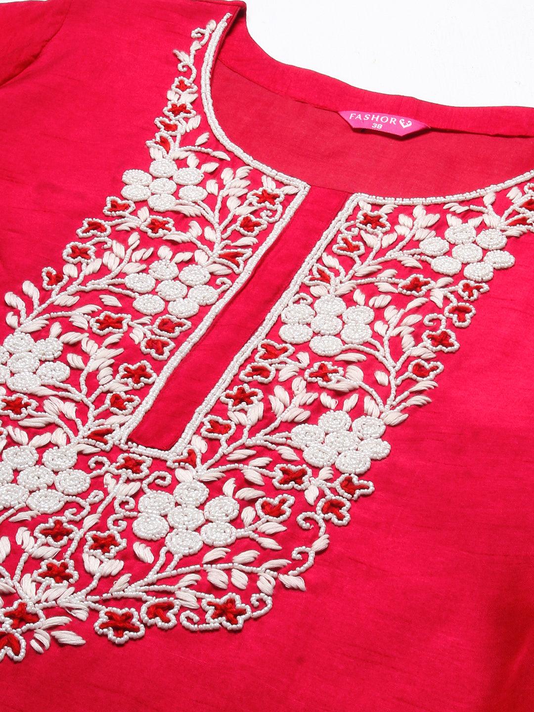 Solid Resham Embroidered Kurta With Pants & Beaded Dupatta - Red - Indiakreations