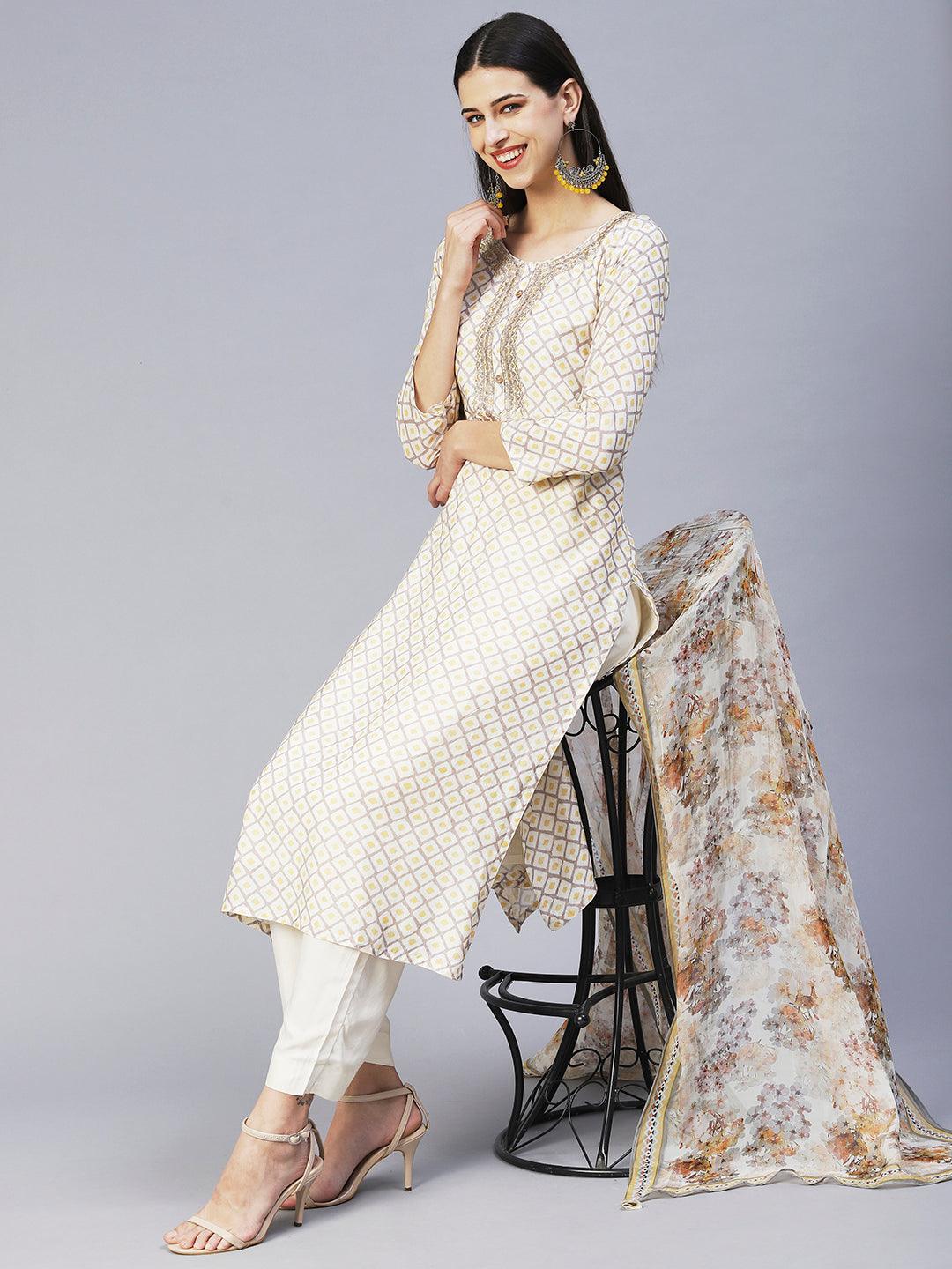 Barfi Printed Zari Embroidered Kurta With Pants & Dupatta - Off White - Indiakreations