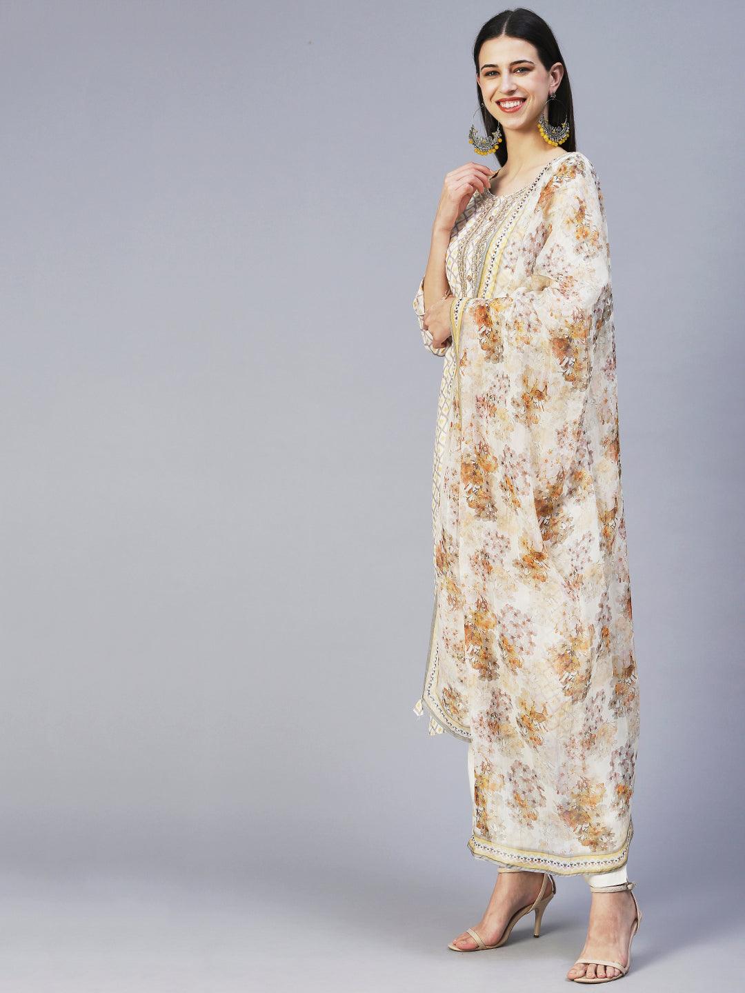 Barfi Printed Zari Embroidered Kurta With Pants & Dupatta - Off White - Indiakreations