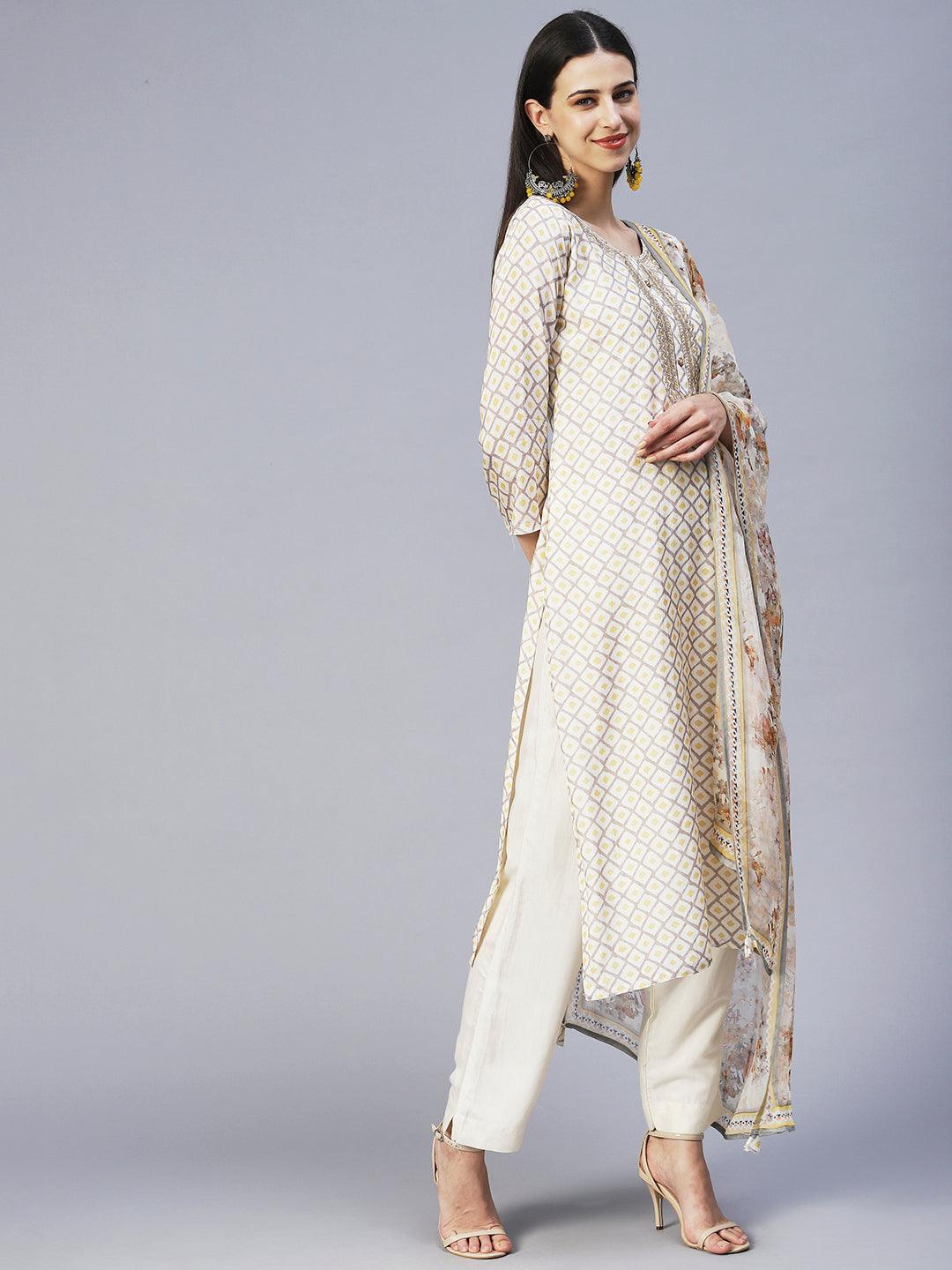 Barfi Printed Zari Embroidered Kurta With Pants & Dupatta - Off White - Indiakreations