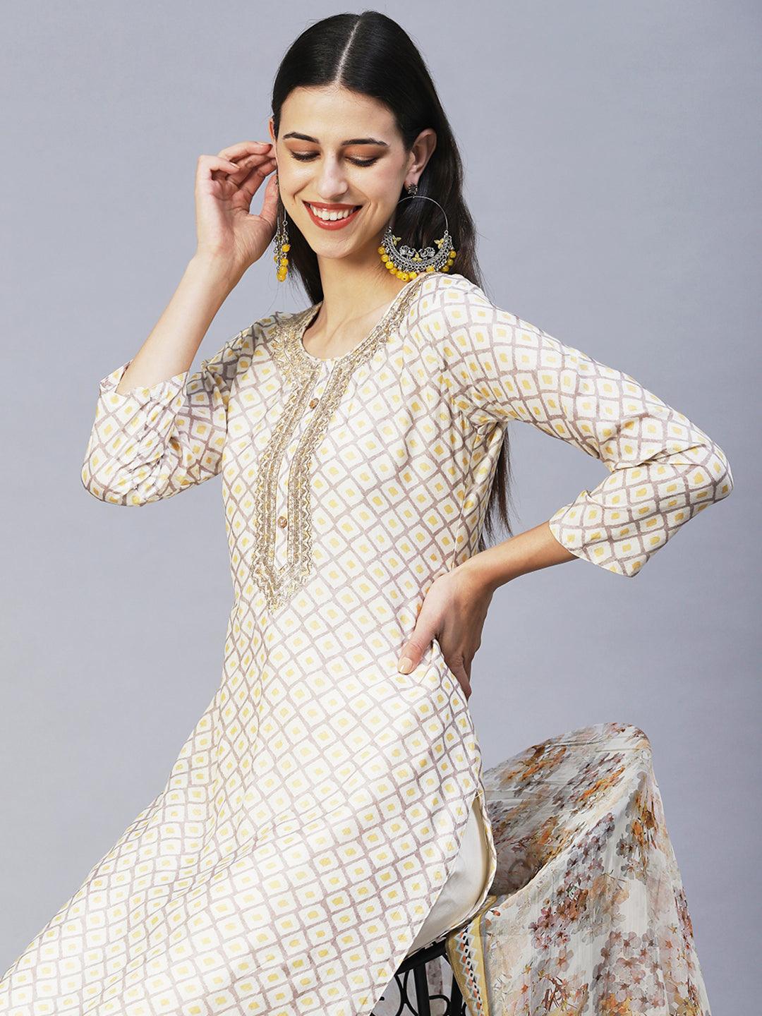 Barfi Printed Zari Embroidered Kurta With Pants & Dupatta - Off White - Indiakreations