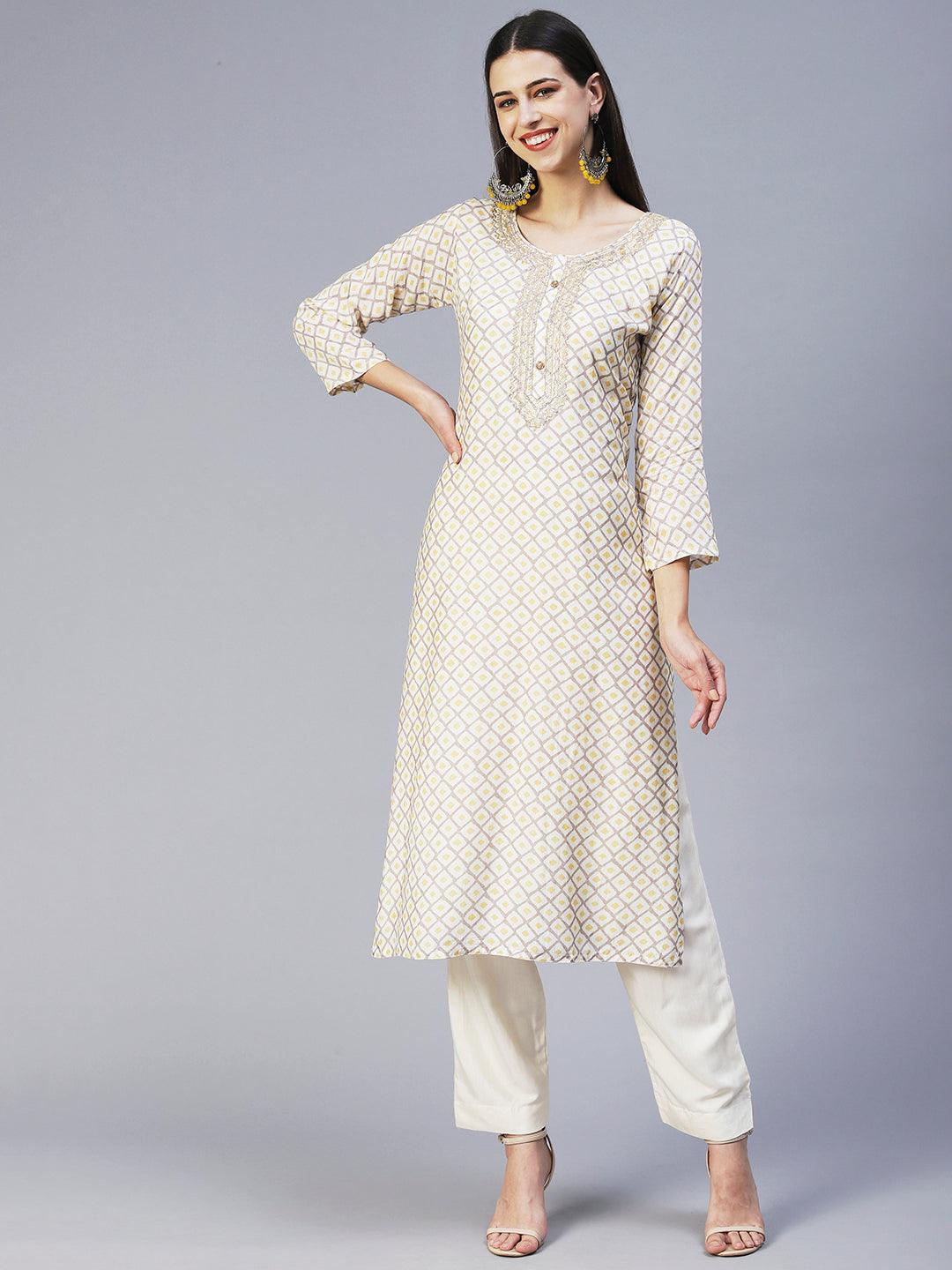 Barfi Printed Zari Embroidered Kurta With Pants & Dupatta - Off White - Indiakreations