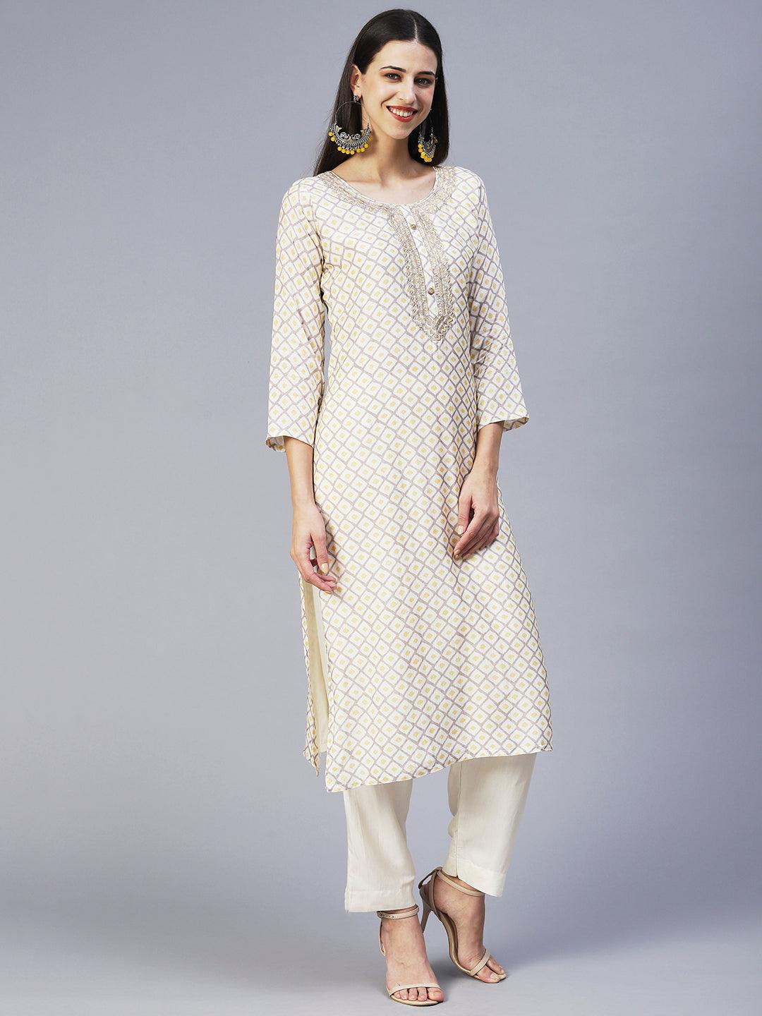 Barfi Printed Zari Embroidered Kurta With Pants & Dupatta - Off White - Indiakreations