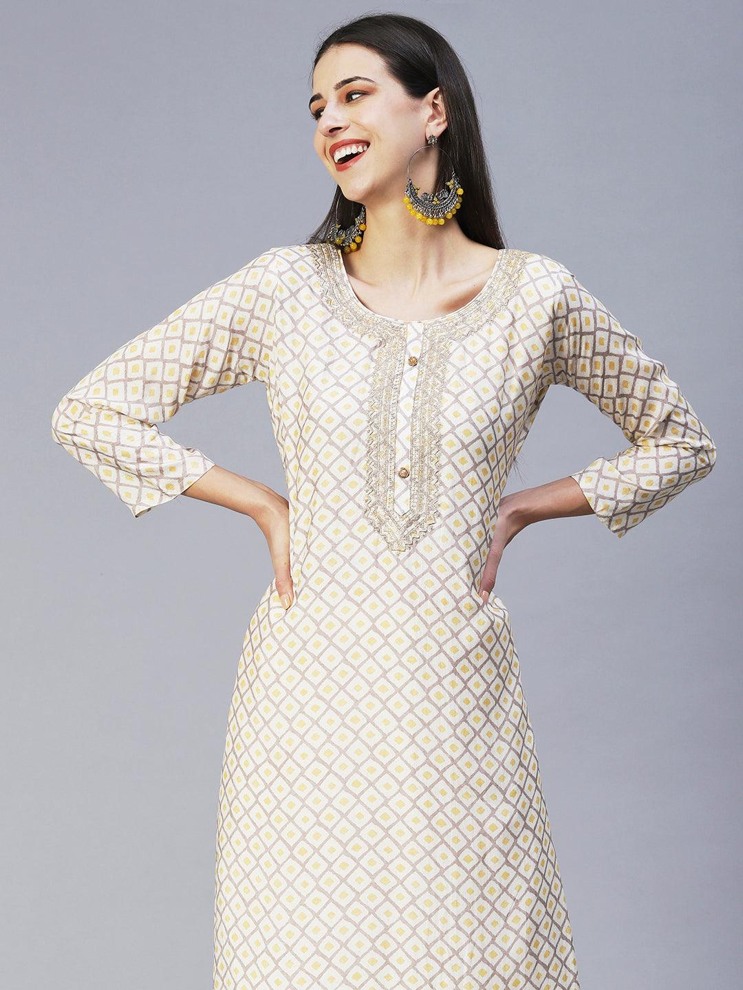 Barfi Printed Zari Embroidered Kurta With Pants & Dupatta - Off White - Indiakreations