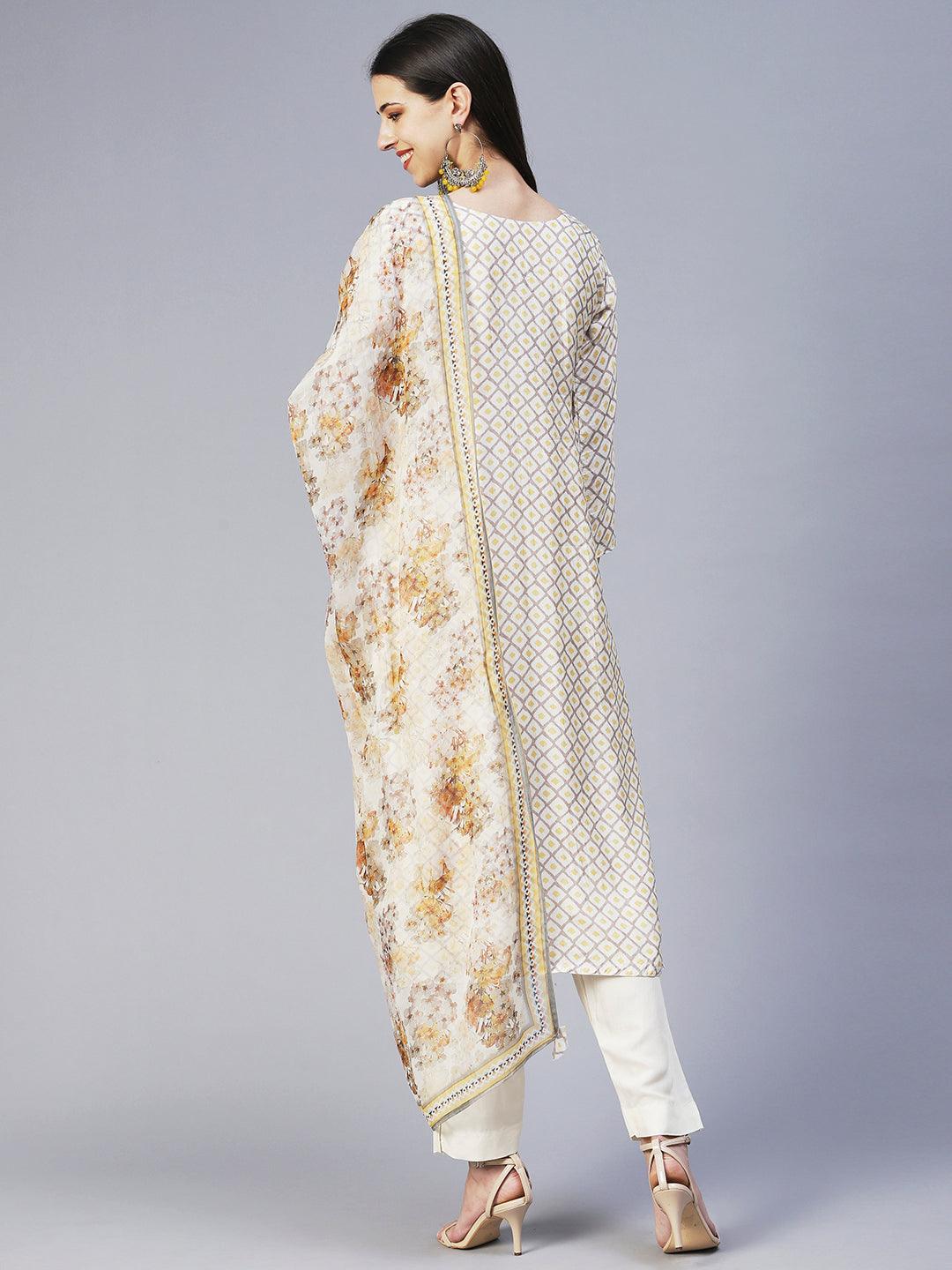 Barfi Printed Zari Embroidered Kurta With Pants & Dupatta - Off White - Indiakreations