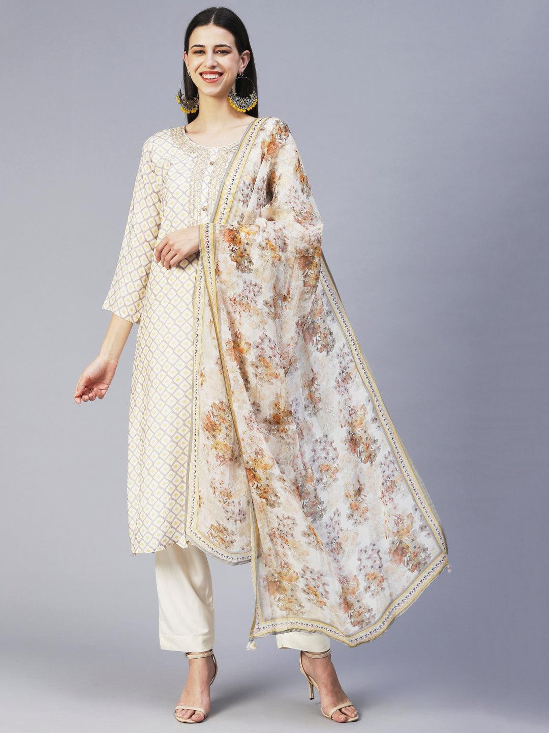 Barfi Printed Zari Embroidered Kurta With Pants & Dupatta - Off White - Indiakreations