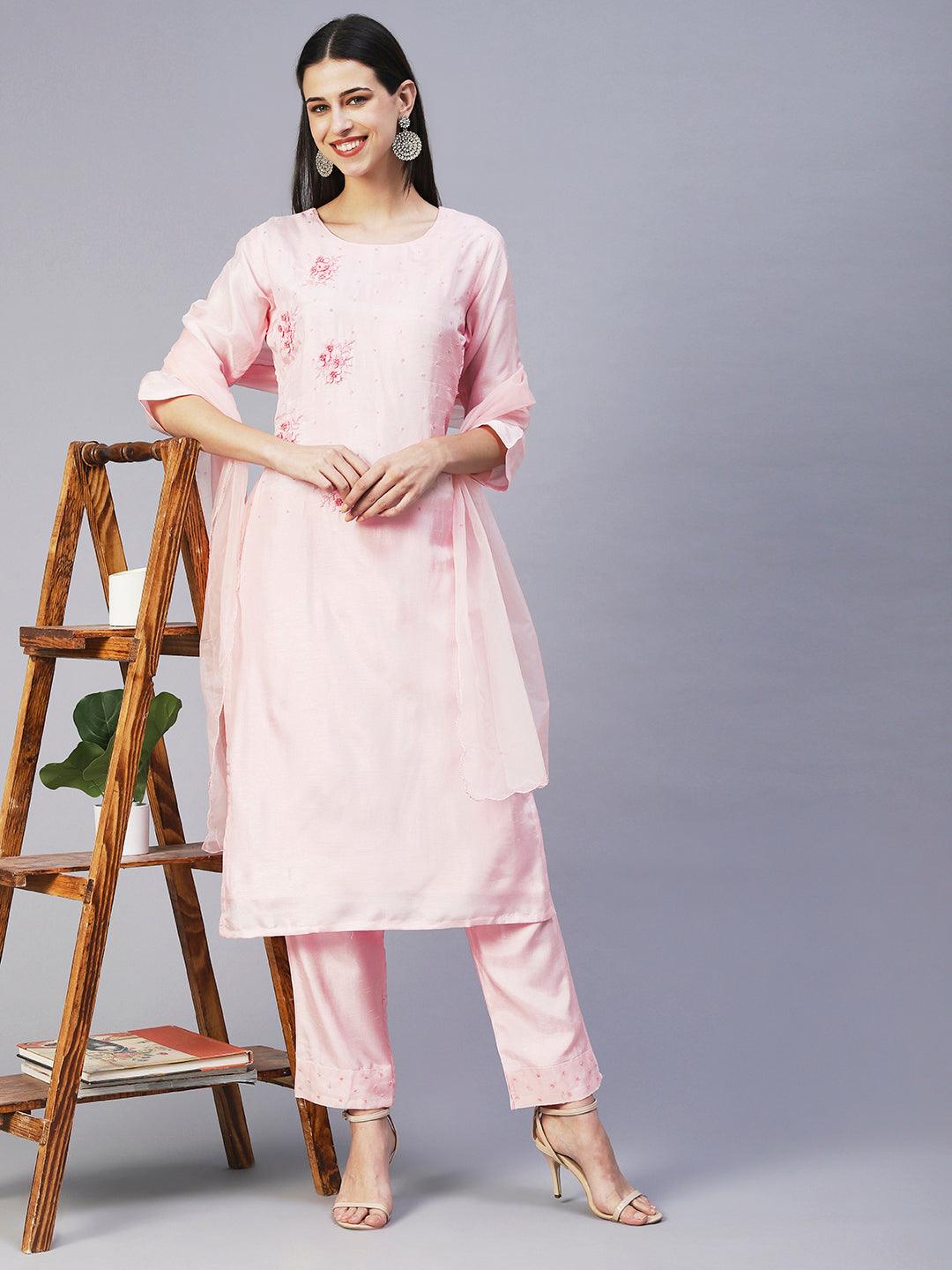 Solid Hand Embroidered Kurta With Pants & Embroidered Dupatta - Peach-Pink - Indiakreations