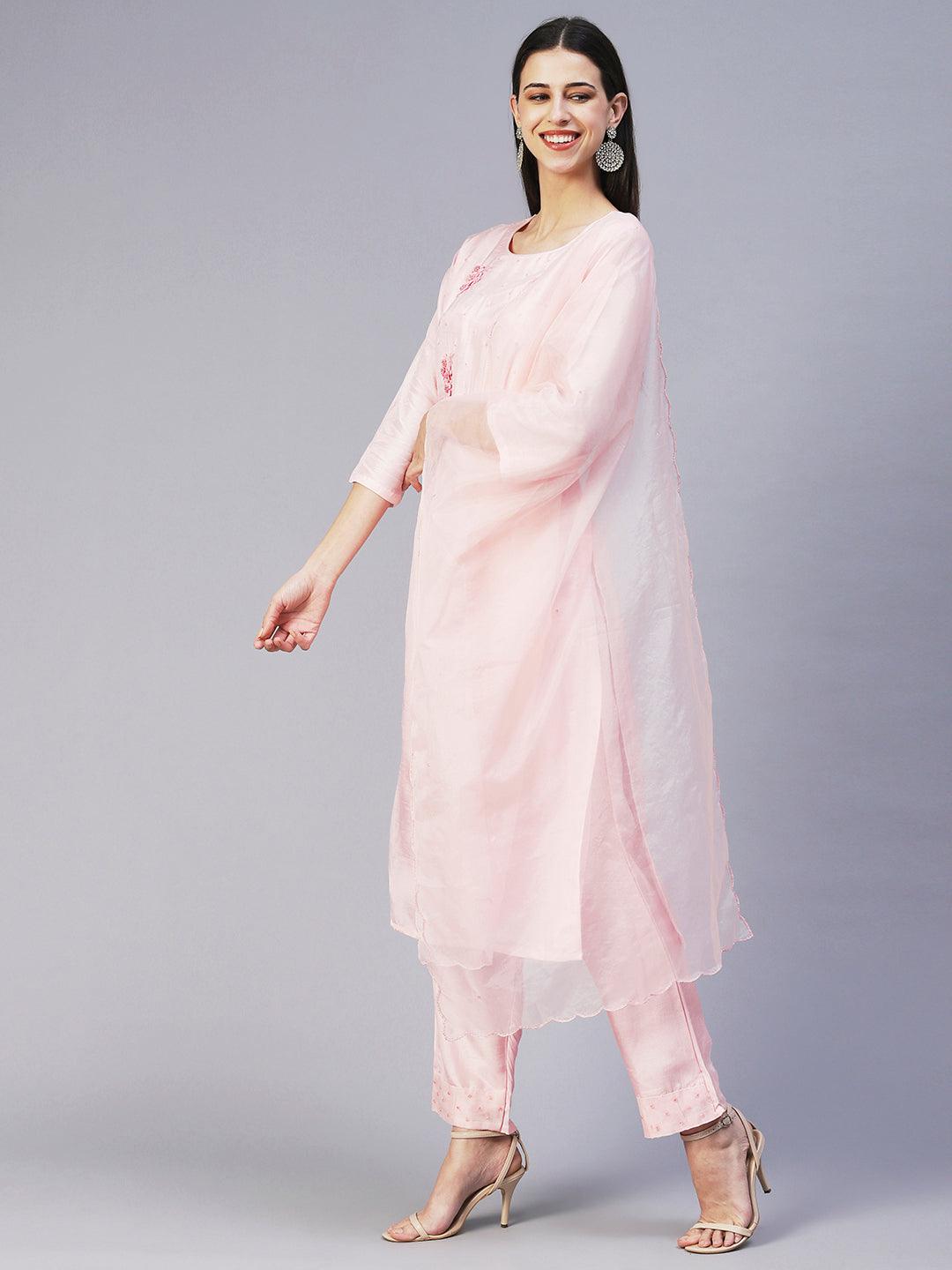 Solid Hand Embroidered Kurta With Pants & Embroidered Dupatta - Peach-Pink - Indiakreations