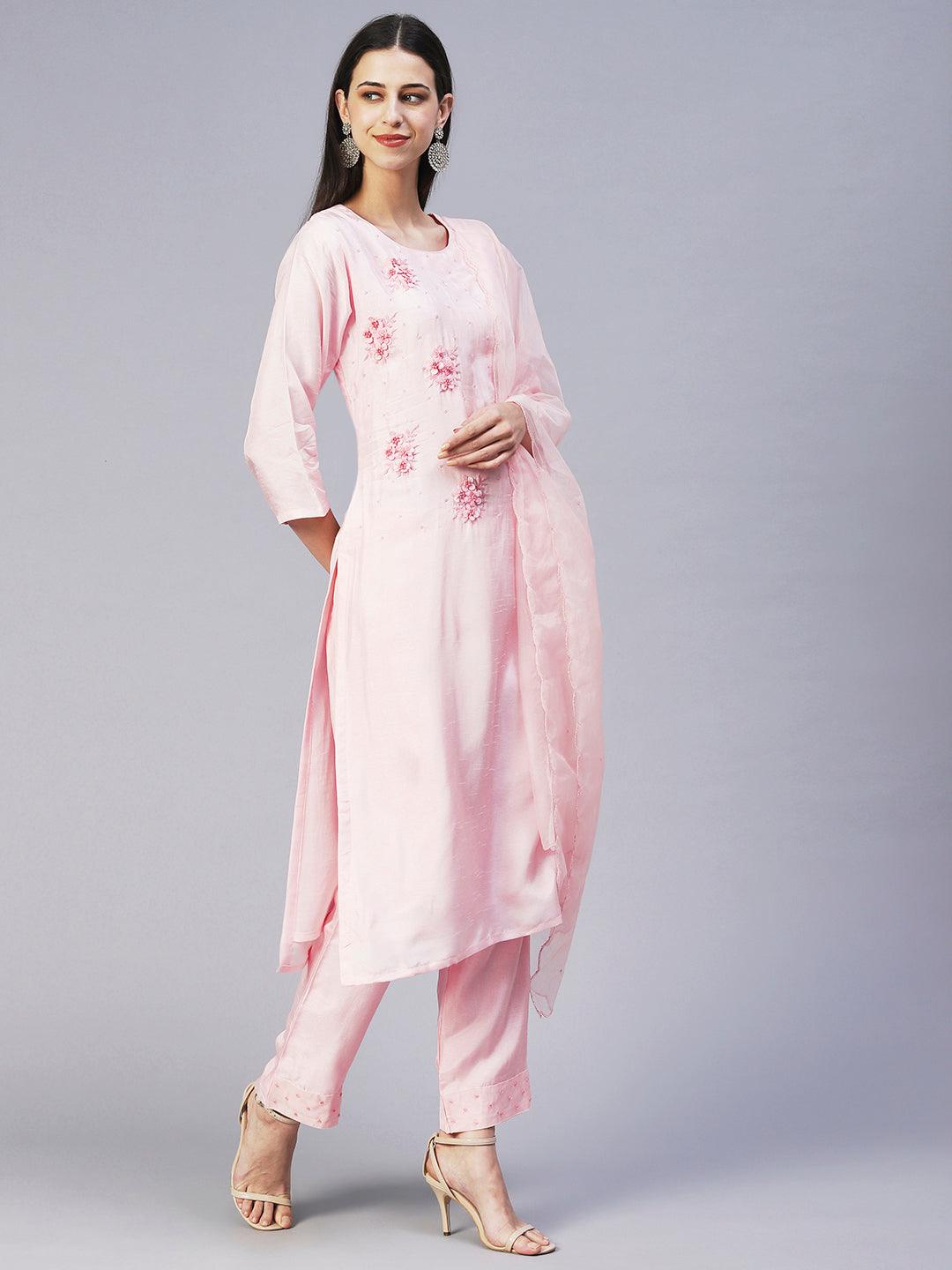 Solid Hand Embroidered Kurta With Pants & Embroidered Dupatta - Peach-Pink - Indiakreations