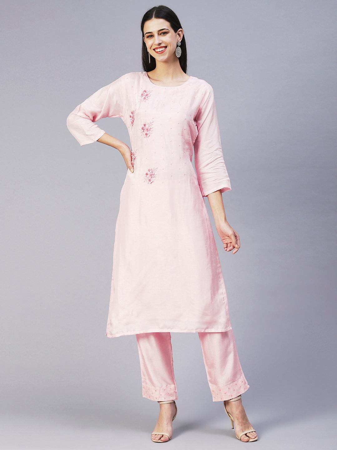 Solid Hand Embroidered Kurta With Pants & Embroidered Dupatta - Peach-Pink - Indiakreations