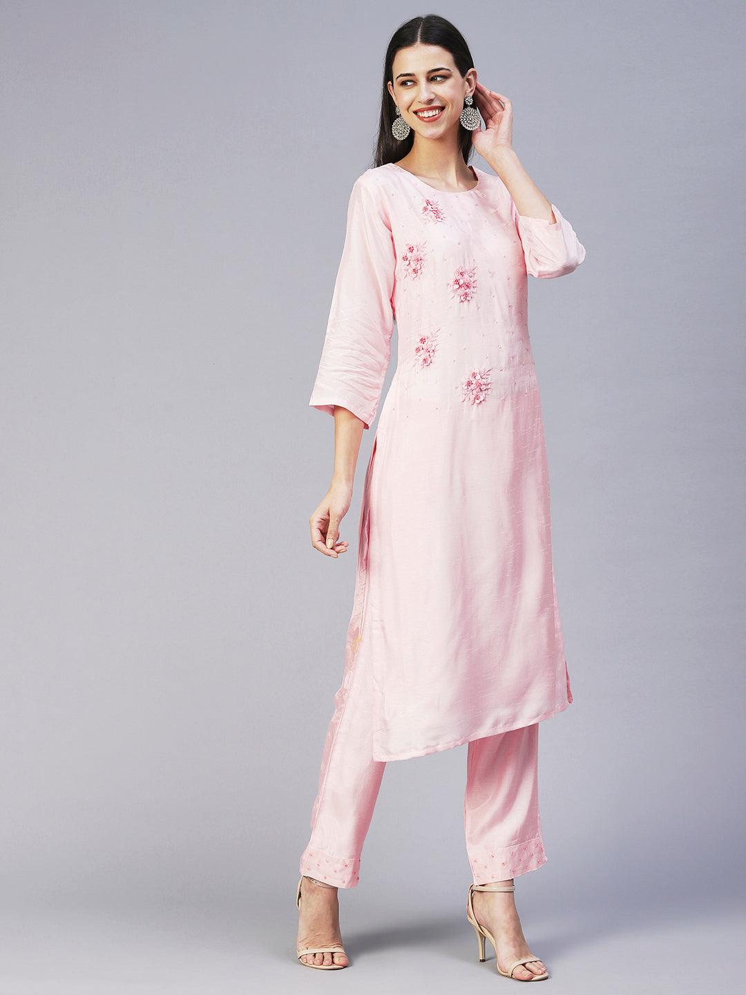 Solid Hand Embroidered Kurta With Pants & Embroidered Dupatta - Peach-Pink - Indiakreations