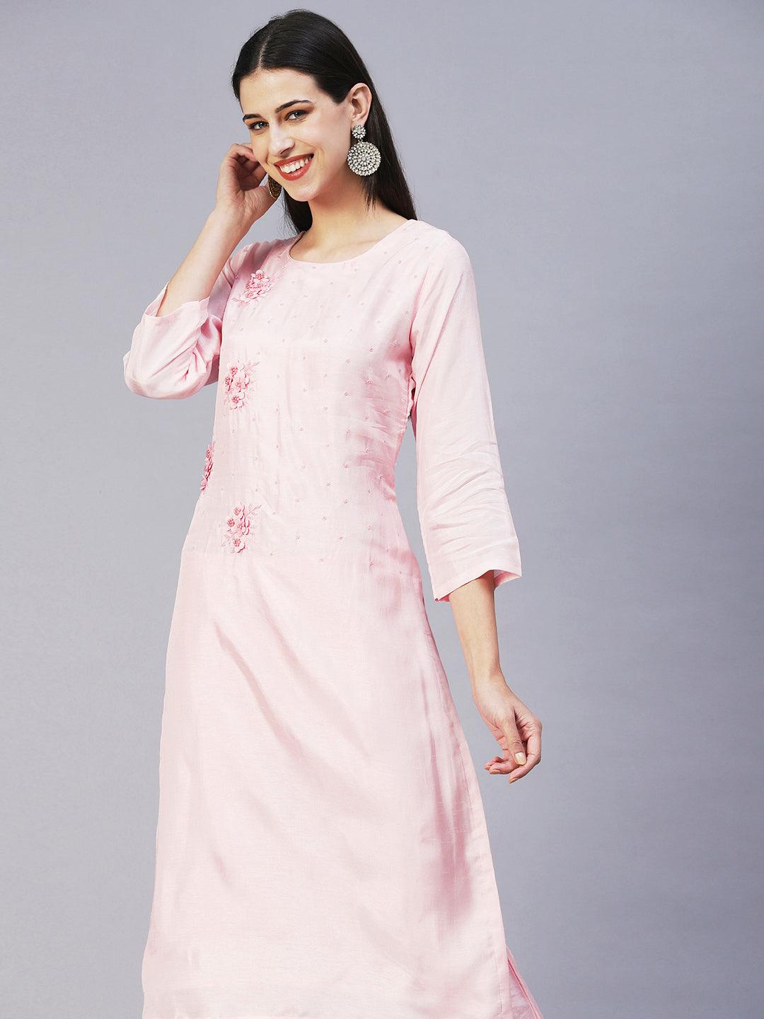 Solid Hand Embroidered Kurta With Pants & Embroidered Dupatta - Peach-Pink - Indiakreations