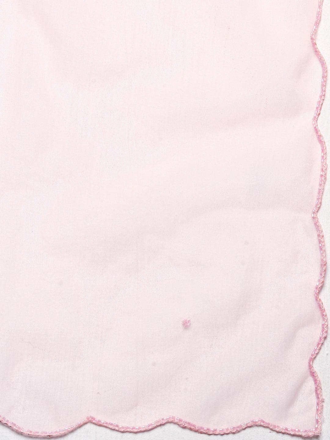 Solid Hand Embroidered Kurta With Pants & Embroidered Dupatta - Peach-Pink - Indiakreations