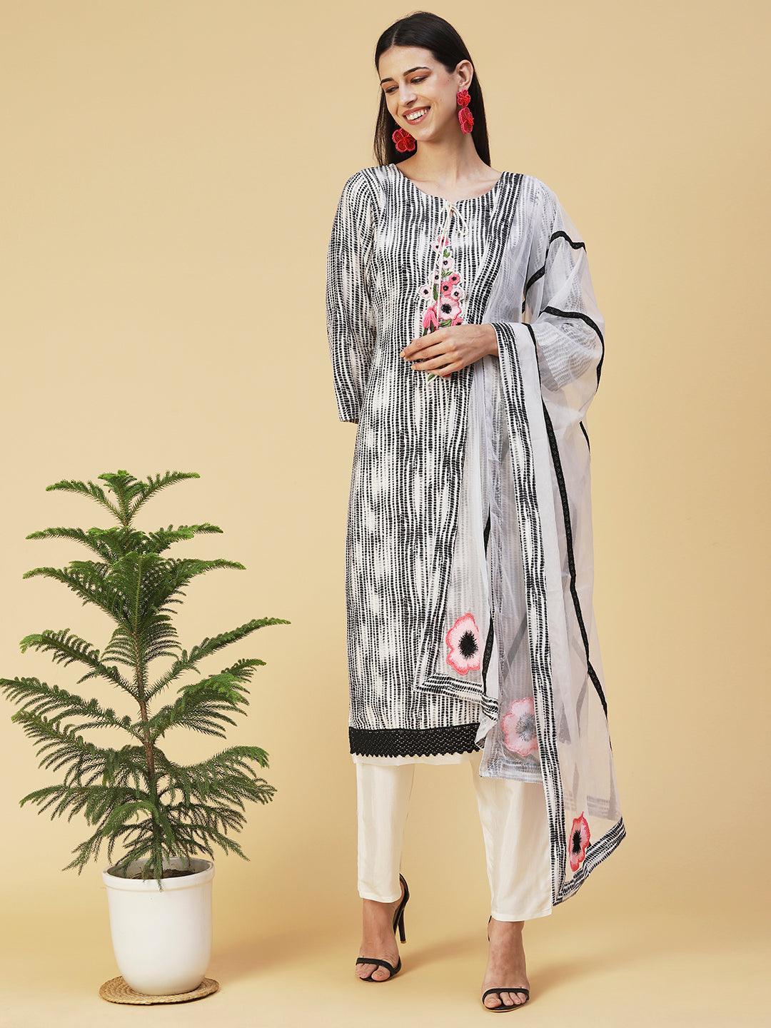 Shibori Printed Resham Embroidered Kurta with pants & Embroidered Dupatta - Black & White - Indiakreations