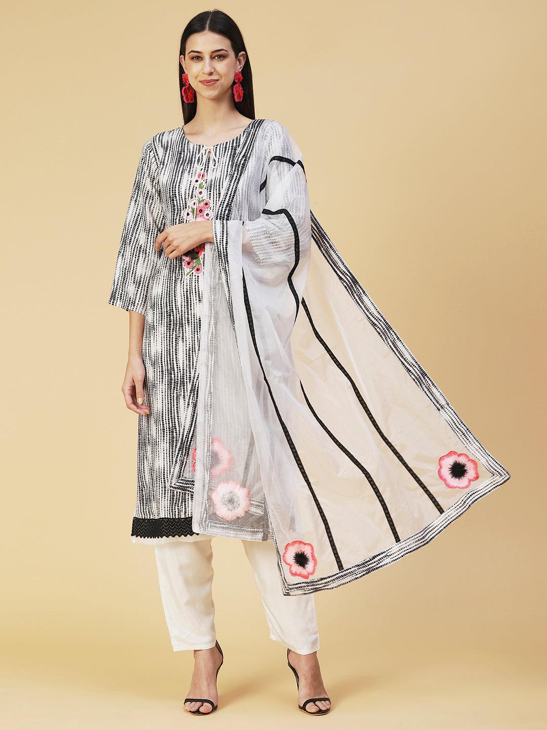 Shibori Printed Resham Embroidered Kurta with pants & Embroidered Dupatta - Black & White - Indiakreations