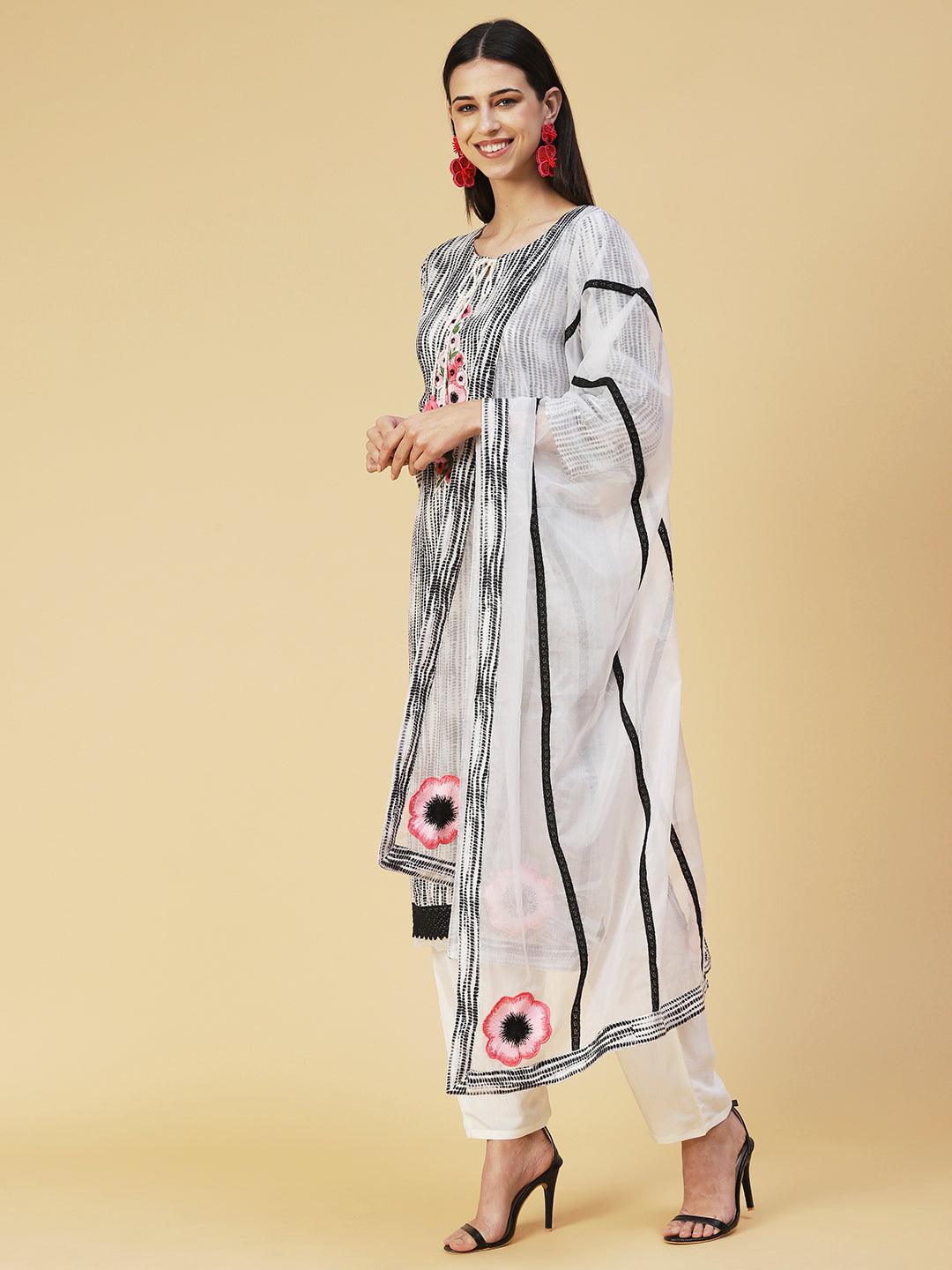 Shibori Printed Resham Embroidered Kurta with pants & Embroidered Dupatta - Black & White - Indiakreations