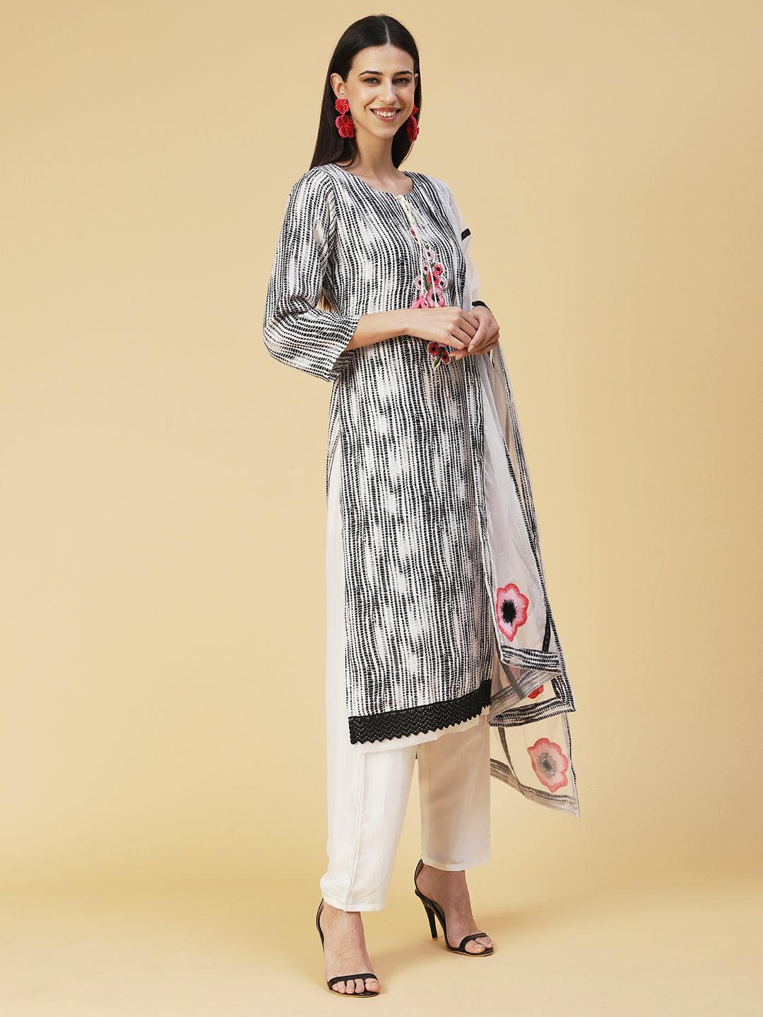 Shibori Printed Resham Embroidered Kurta with pants & Embroidered Dupatta - Black & White - Indiakreations