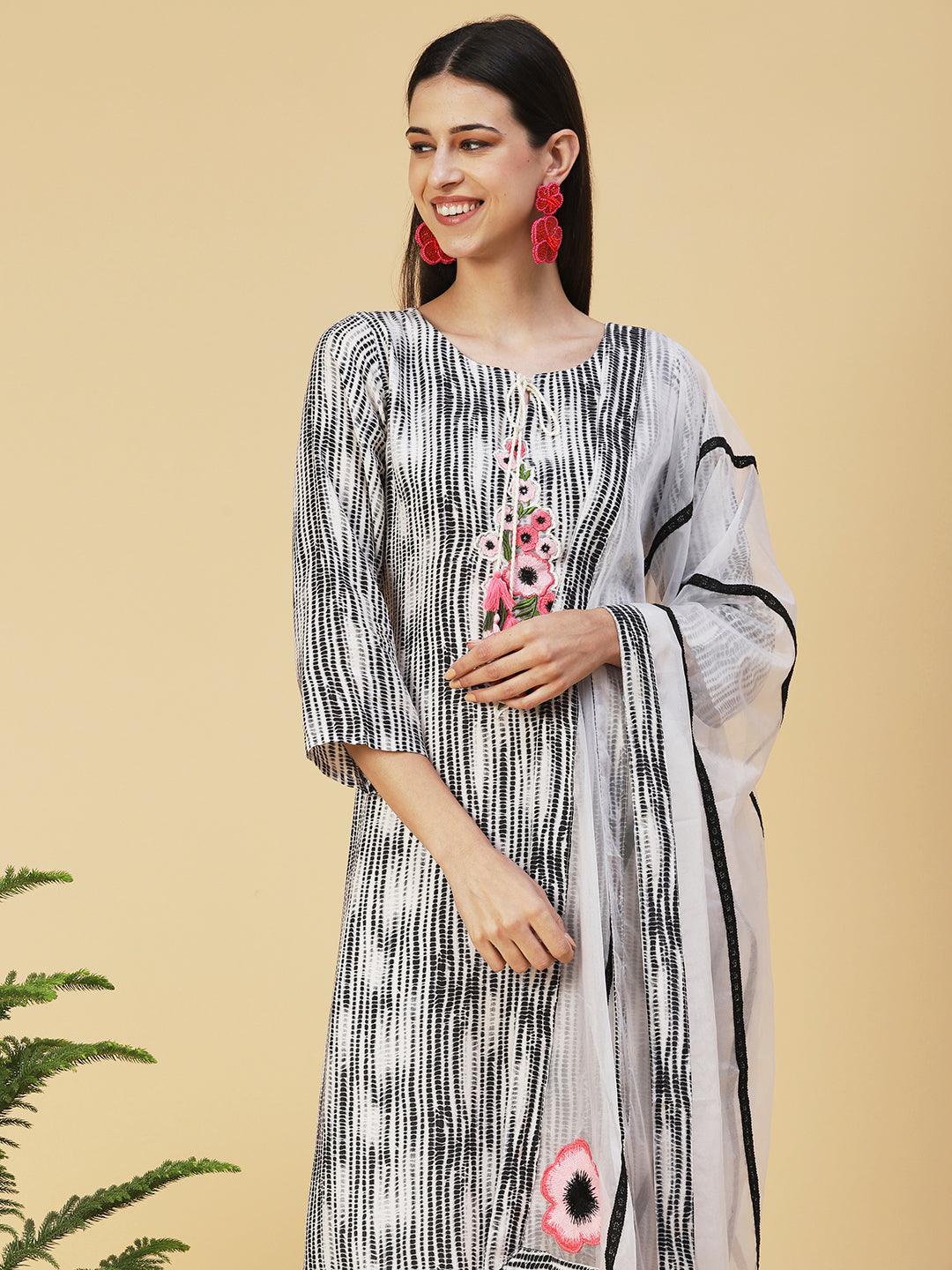 Shibori Printed Resham Embroidered Kurta with pants & Embroidered Dupatta - Black & White - Indiakreations