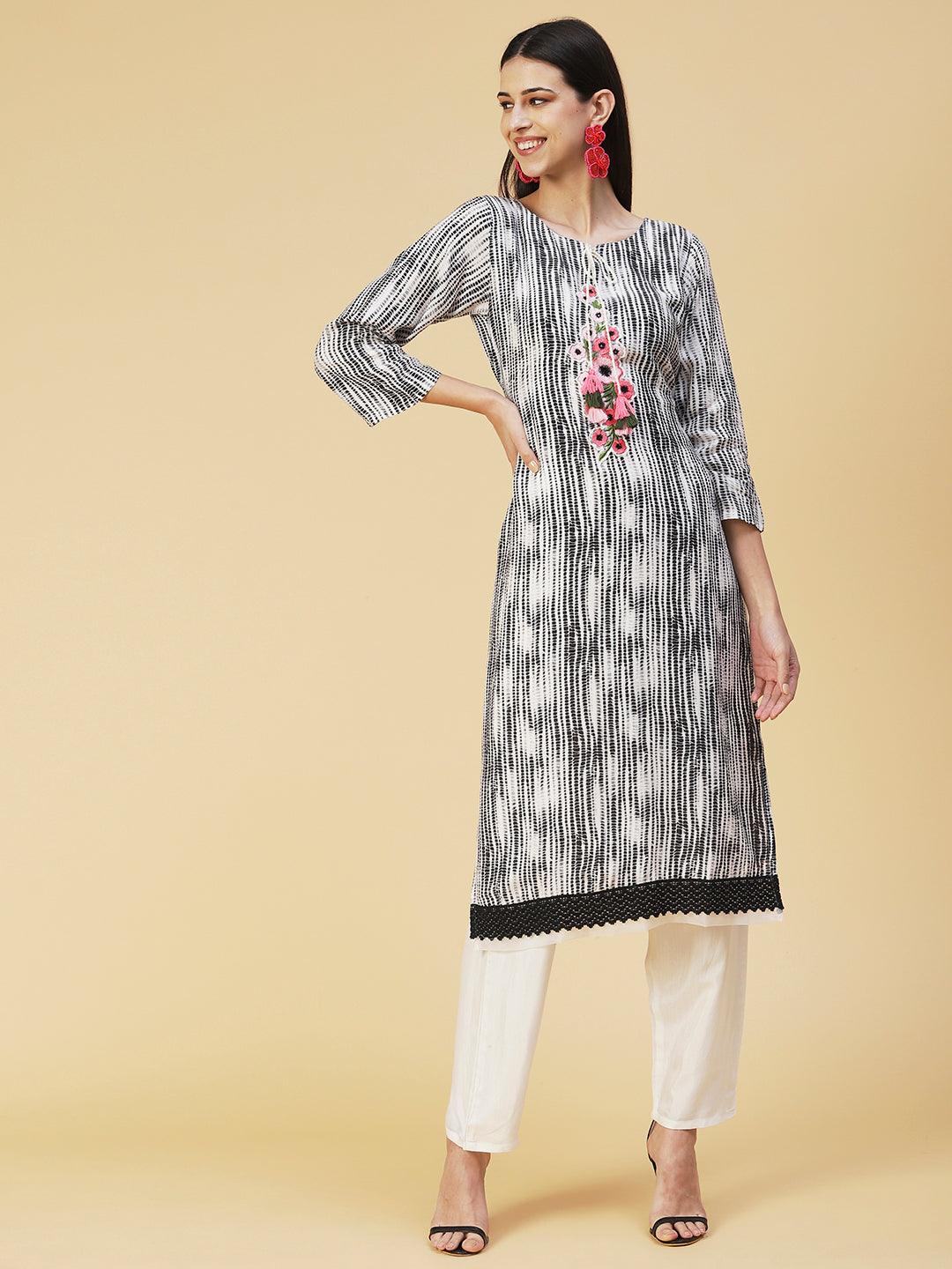 Shibori Printed Resham Embroidered Kurta with pants & Embroidered Dupatta - Black & White - Indiakreations