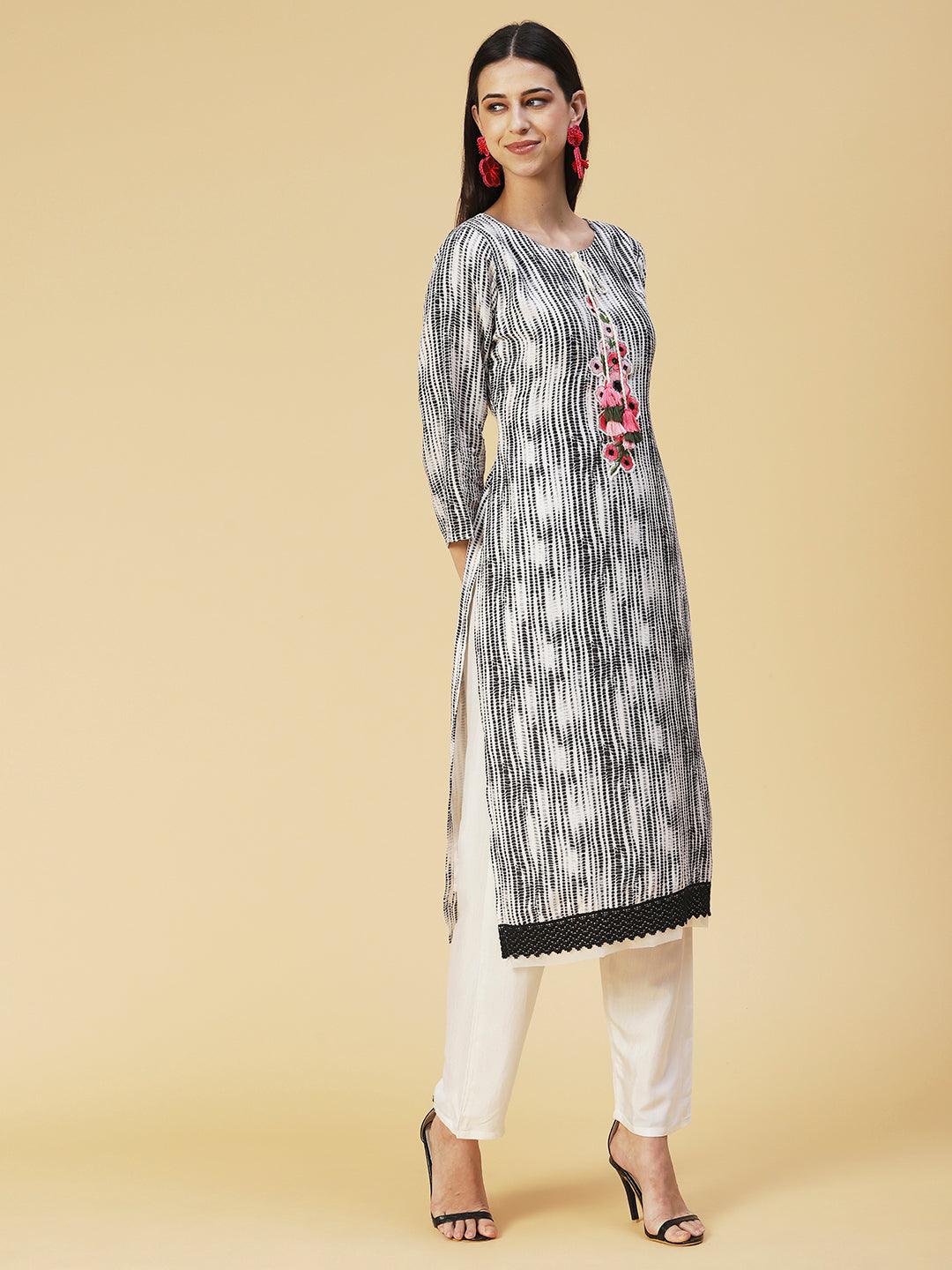 Shibori Printed Resham Embroidered Kurta with pants & Embroidered Dupatta - Black & White - Indiakreations