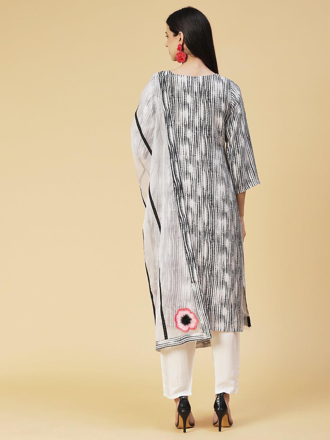 Shibori Printed Resham Embroidered Kurta with pants & Embroidered Dupatta - Black & White - Indiakreations