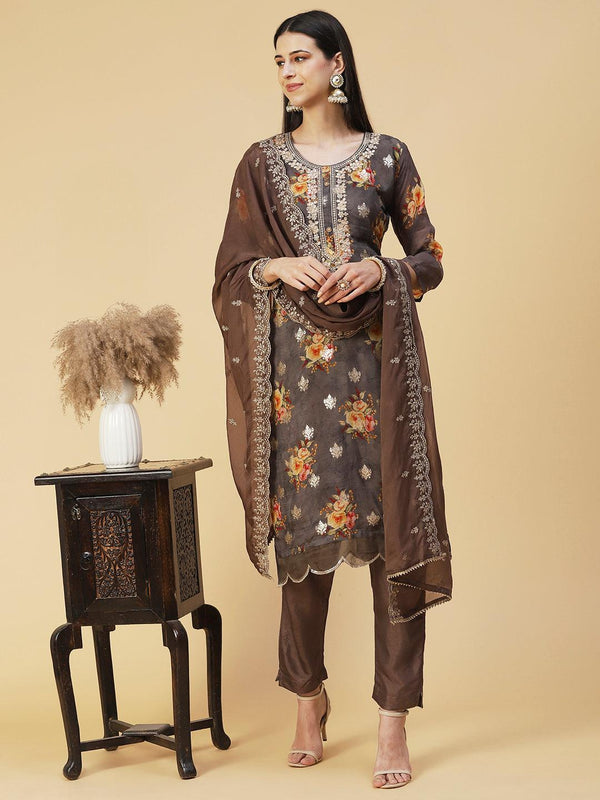 Floral Printed Zari Embroidered Kurta With Pants & Dupatta - Coffee Brown - Indiakreations