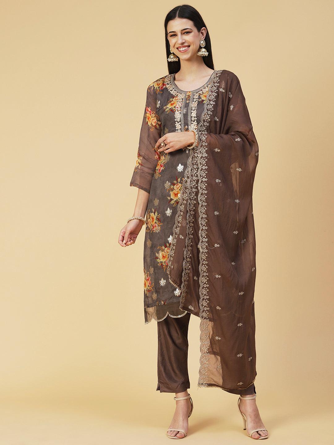 Floral Printed Zari Embroidered Kurta With Pants & Dupatta - Coffee Brown - Indiakreations