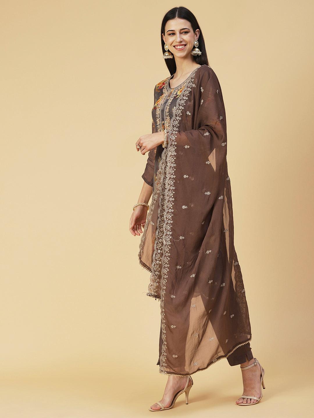 Floral Printed Zari Embroidered Kurta With Pants & Dupatta - Coffee Brown - Indiakreations