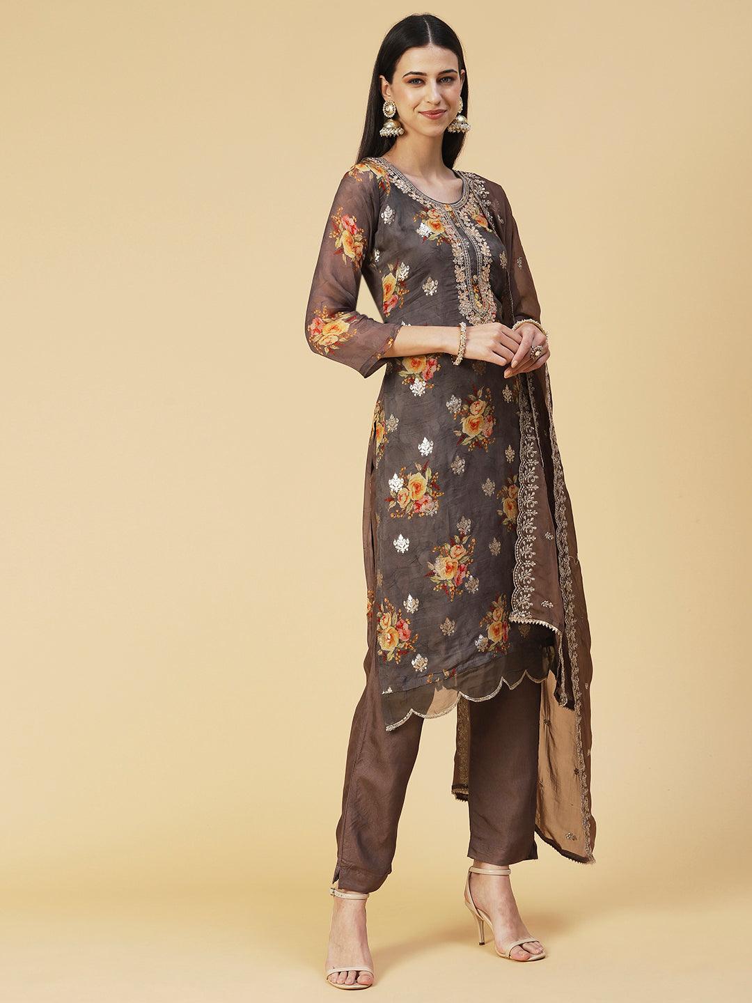 Floral Printed Zari Embroidered Kurta With Pants & Dupatta - Coffee Brown - Indiakreations