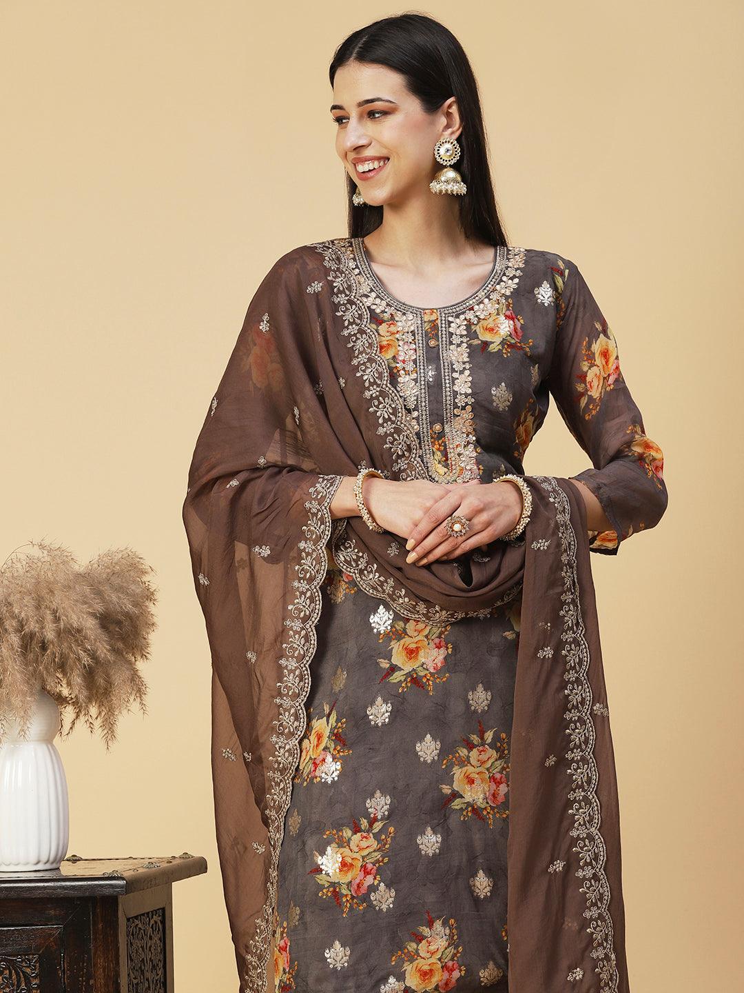 Floral Printed Zari Embroidered Kurta With Pants & Dupatta - Coffee Brown - Indiakreations