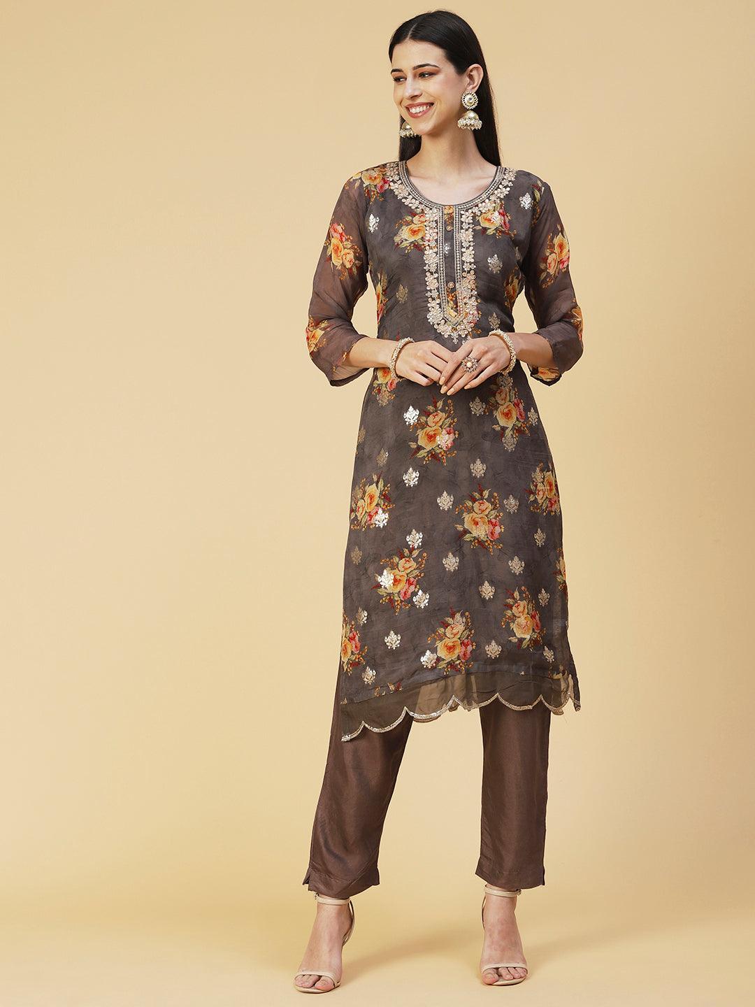 Floral Printed Zari Embroidered Kurta With Pants & Dupatta - Coffee Brown - Indiakreations