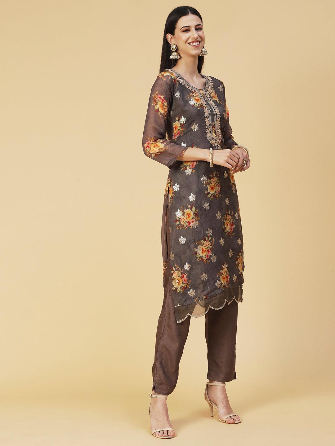 Floral Printed Zari Embroidered Kurta With Pants & Dupatta - Coffee Brown - Indiakreations