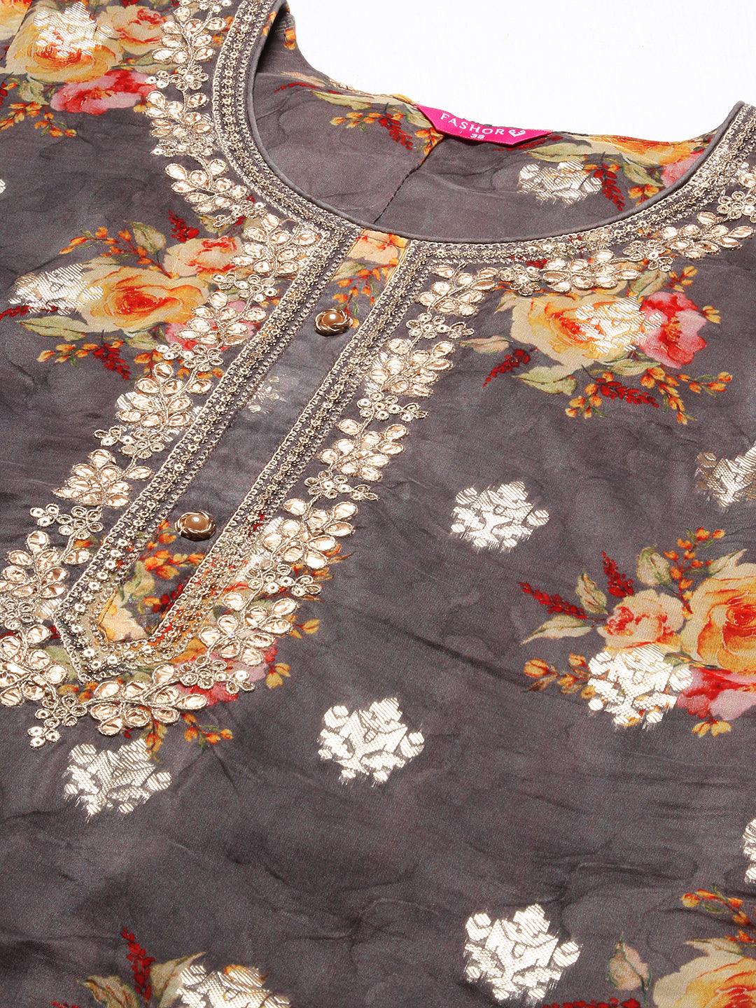 Floral Printed Zari Embroidered Kurta With Pants & Dupatta - Coffee Brown - Indiakreations