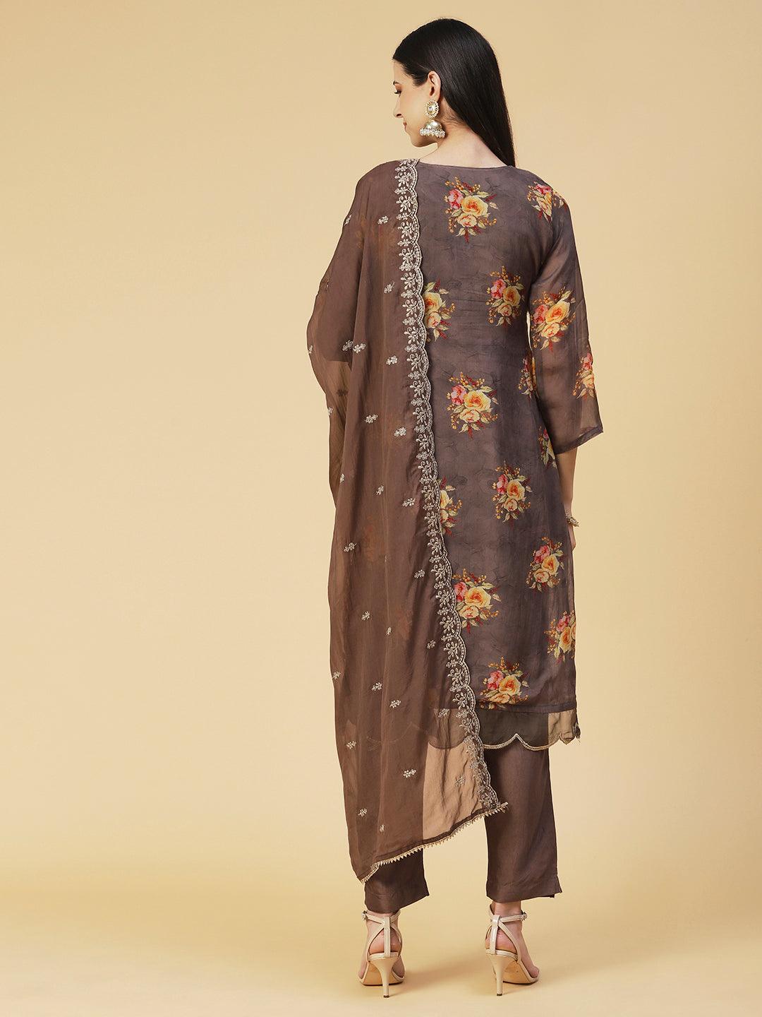 Floral Printed Zari Embroidered Kurta With Pants & Dupatta - Coffee Brown - Indiakreations