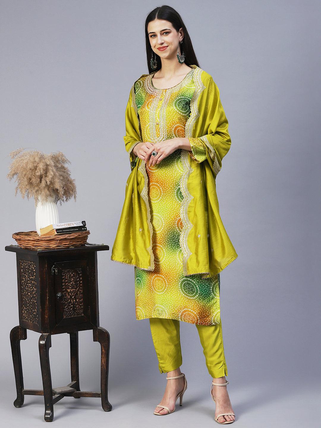 Bandhani Printed Embroidered Kurta With Pants & Embroidered Dupatta - Green - Indiakreations