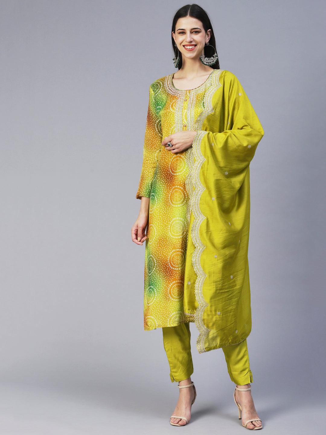 Bandhani Printed Embroidered Kurta With Pants & Embroidered Dupatta - Green - Indiakreations