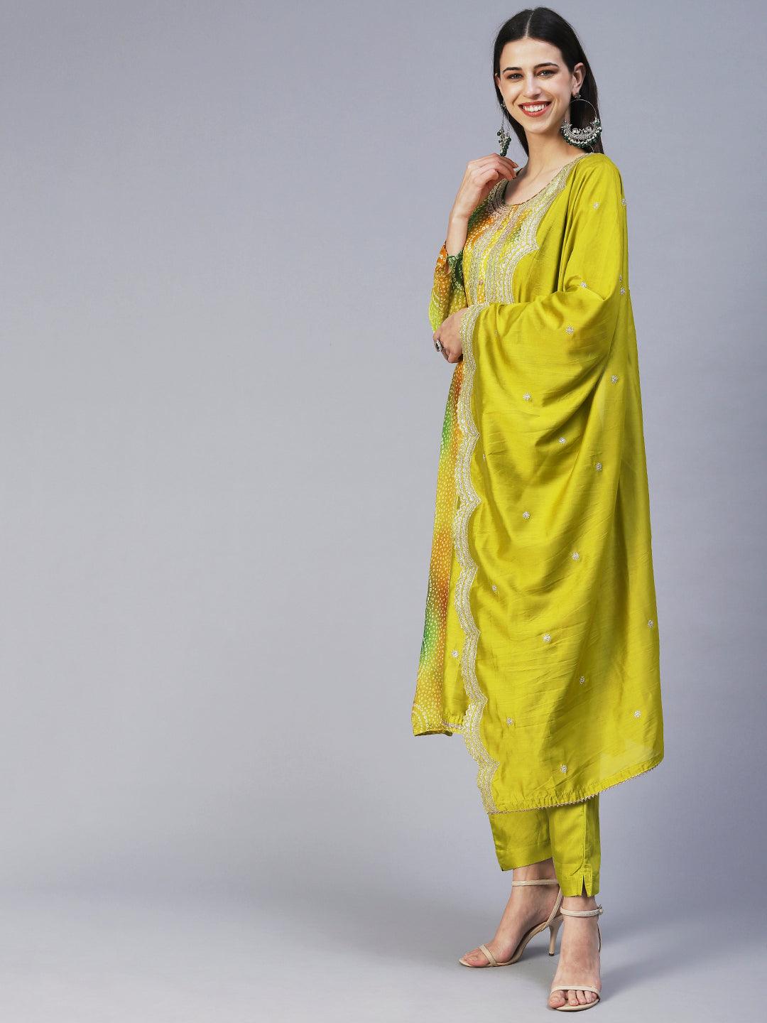 Bandhani Printed Embroidered Kurta With Pants & Embroidered Dupatta - Green - Indiakreations