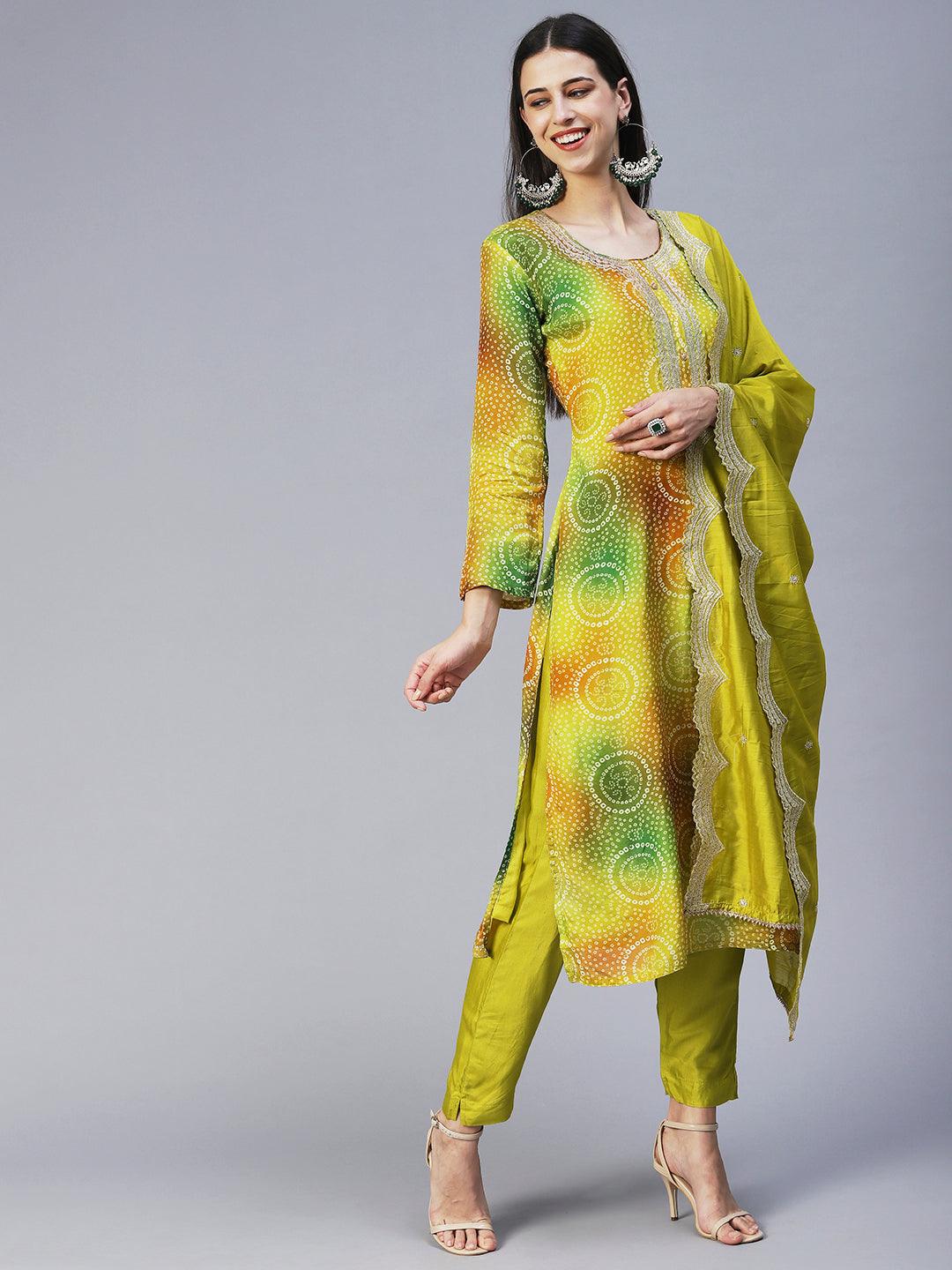 Bandhani Printed Embroidered Kurta With Pants & Embroidered Dupatta - Green - Indiakreations