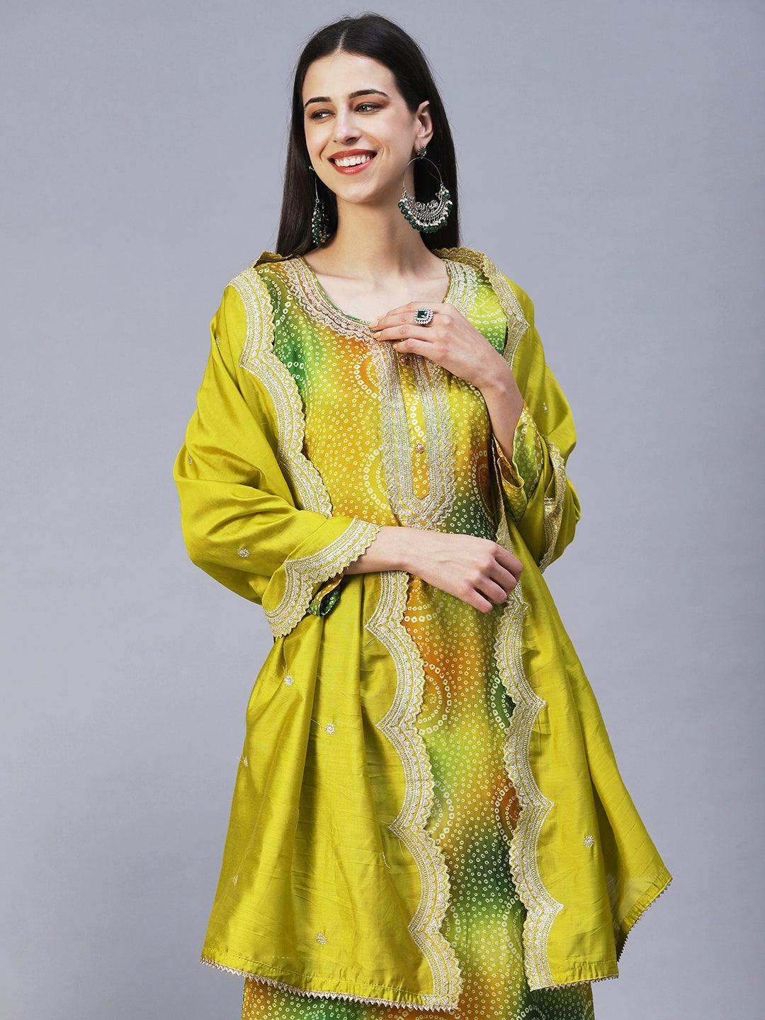 Bandhani Printed Embroidered Kurta With Pants & Embroidered Dupatta - Green - Indiakreations