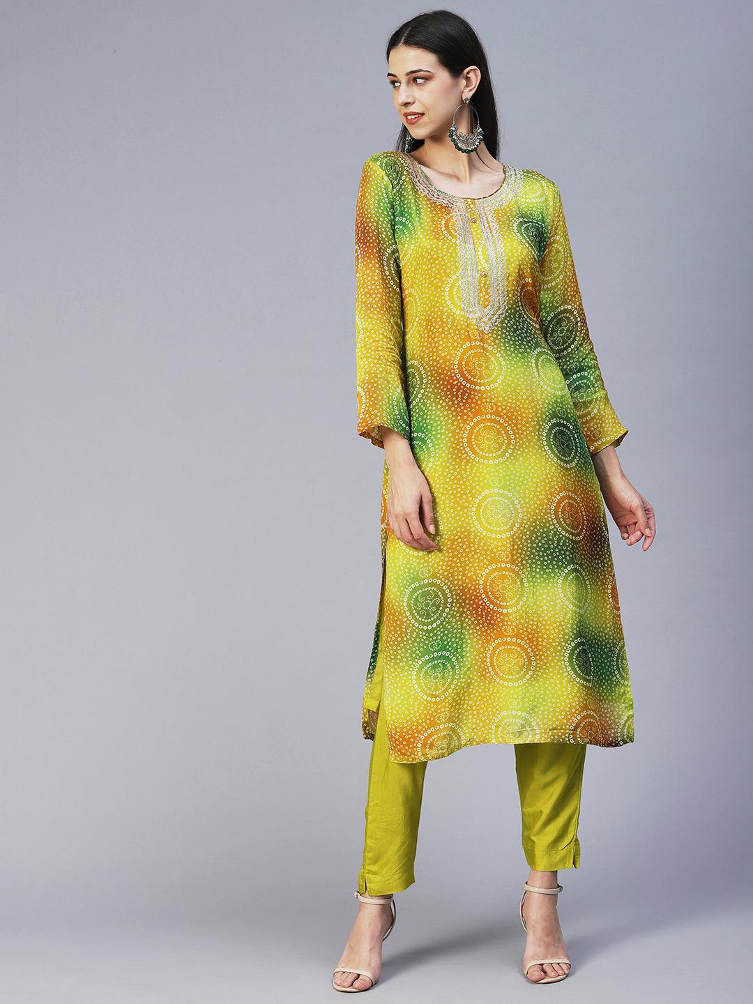 Bandhani Printed Embroidered Kurta With Pants & Embroidered Dupatta - Green - Indiakreations