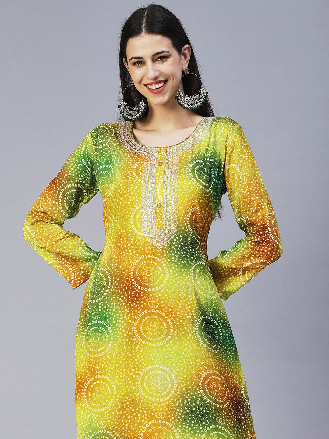 Bandhani Printed Embroidered Kurta With Pants & Embroidered Dupatta - Green - Indiakreations