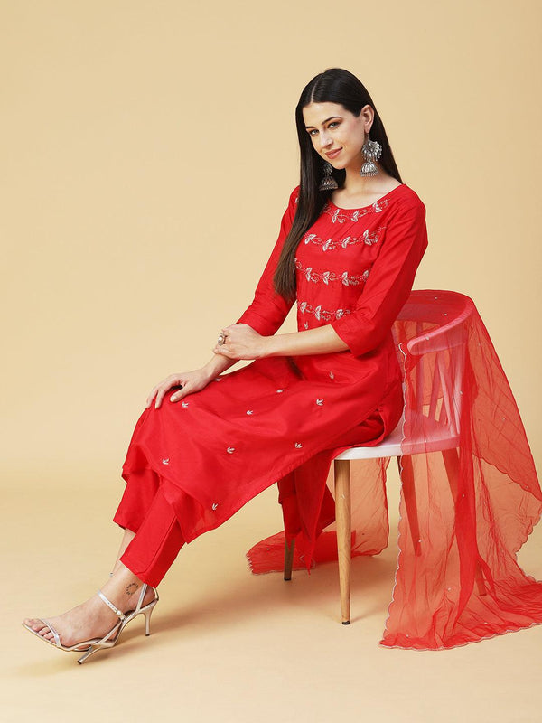 Solid Hand Embroidered Kurta With Pants & Embroidered Dupatta - Red - Indiakreations