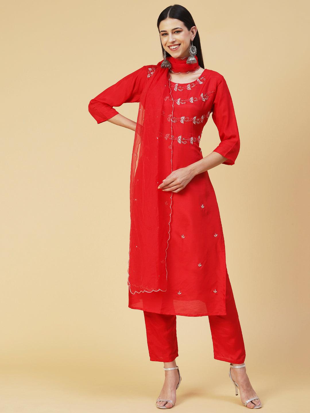 Solid Hand Embroidered Kurta With Pants & Embroidered Dupatta - Red - Indiakreations