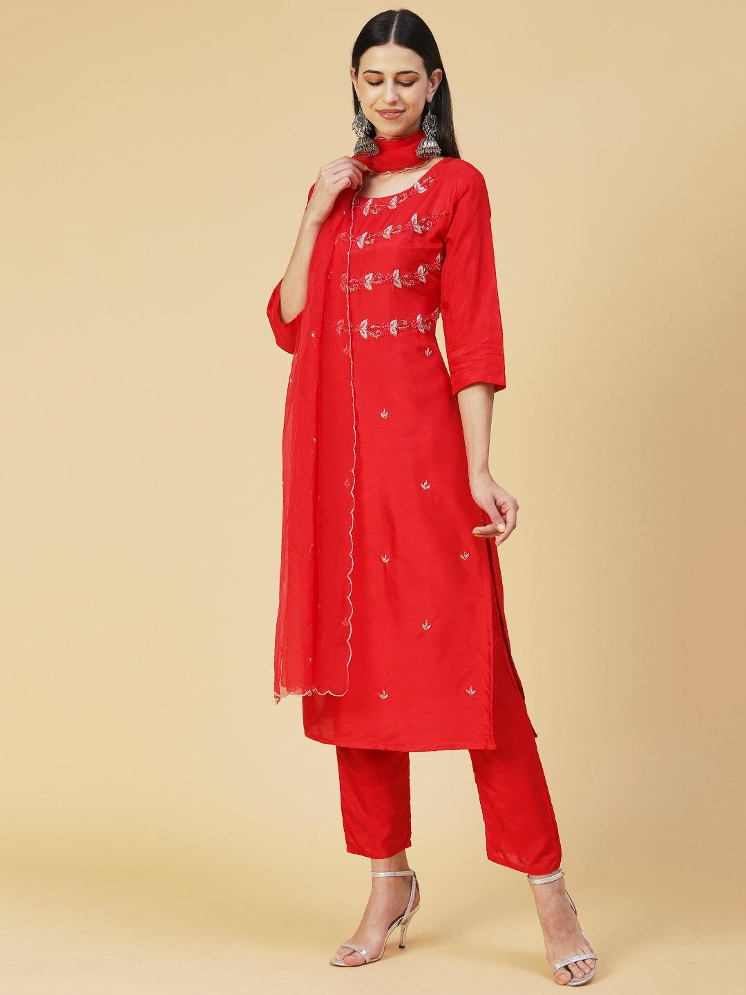 Solid Hand Embroidered Kurta With Pants & Embroidered Dupatta - Red - Indiakreations