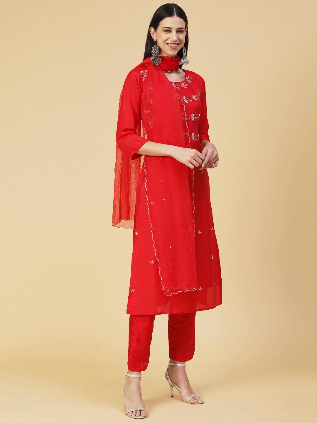 Solid Hand Embroidered Kurta With Pants & Embroidered Dupatta - Red - Indiakreations