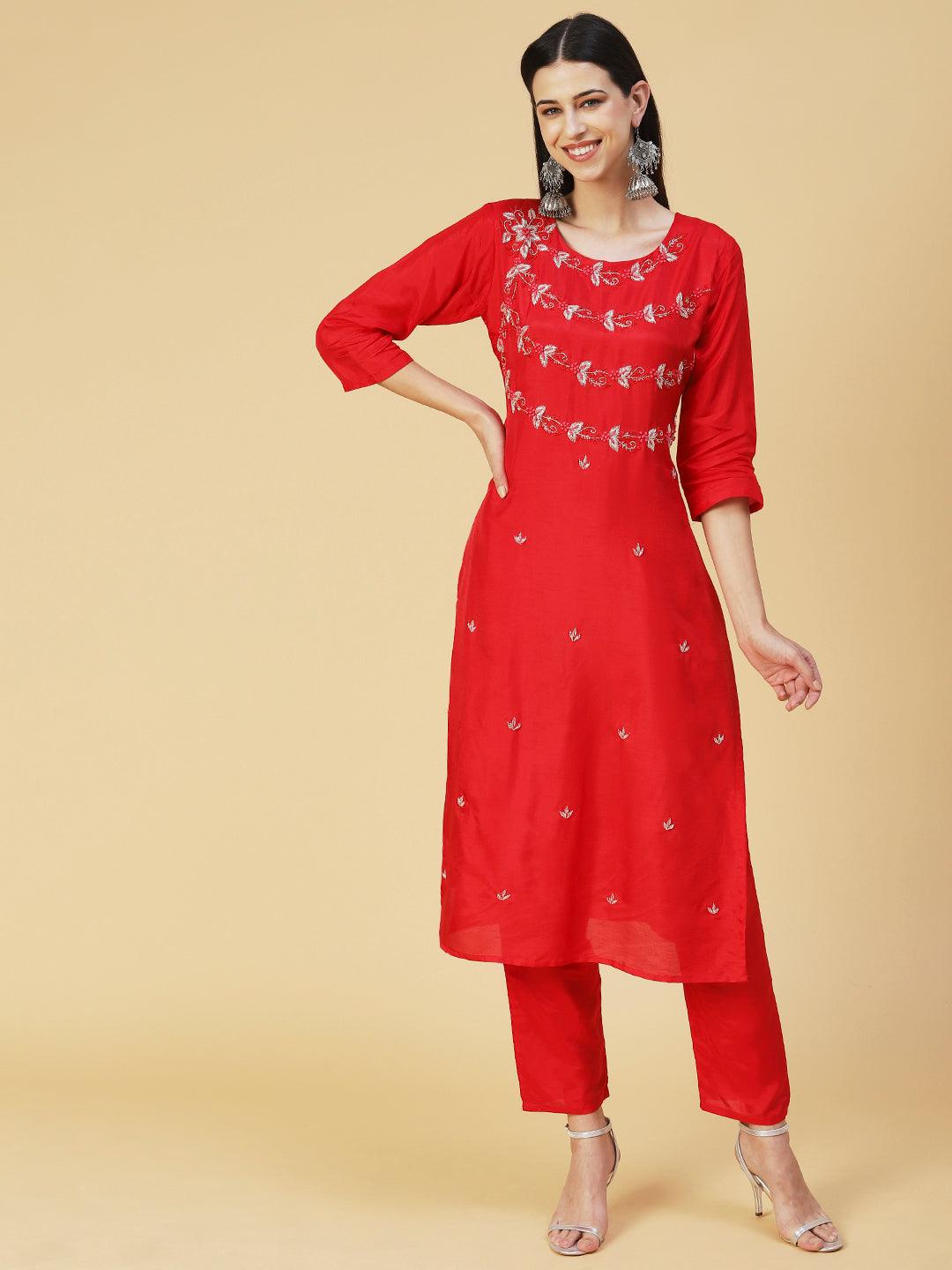 Solid Hand Embroidered Kurta With Pants & Embroidered Dupatta - Red - Indiakreations